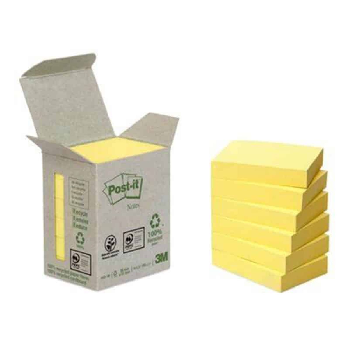 Post-it® klæbende noter (653-1B), økologiske, 38x51mm, gul, 6x100 ark, 1 pakke