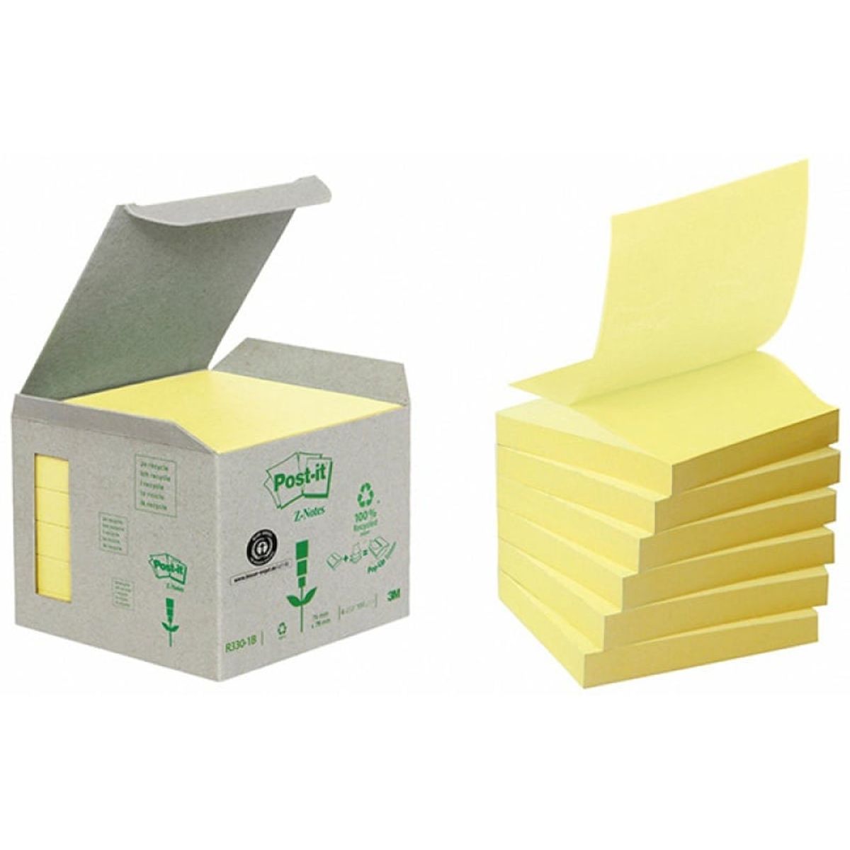 Økologiske klæbende noter Post-it® Z-Notes (R330-1B), 76x76mm, 6 blokke x 100 ark, gul,.