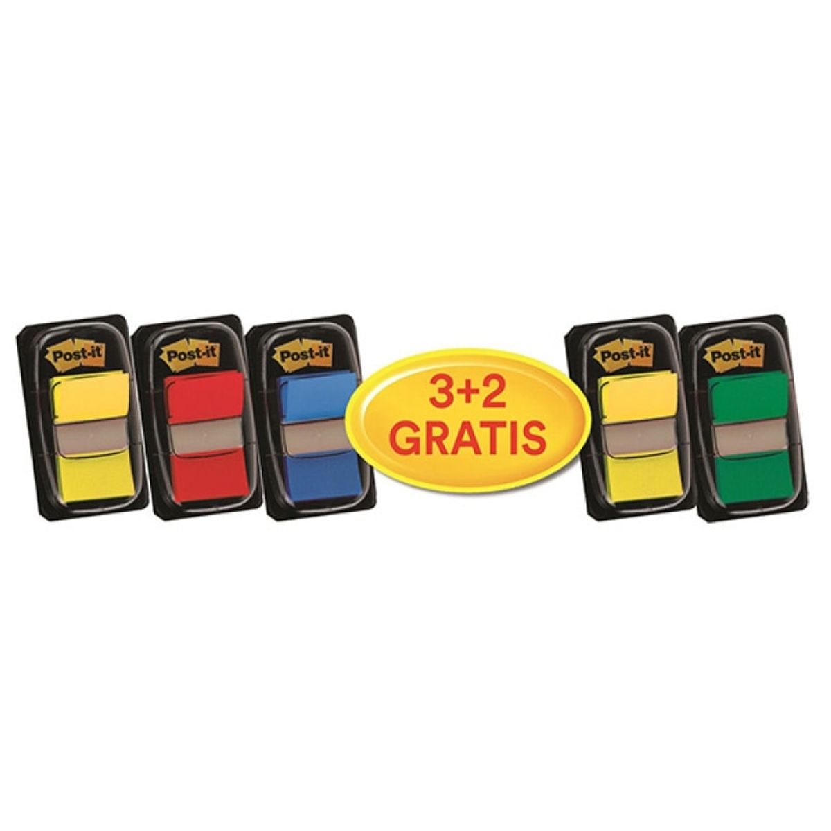 Indekseringspuder Post-it® (680-P5), reklamesæt, 25,4x43,2mm, 3x50 + 2x50 GRATIS, farvemix, 1 pakke