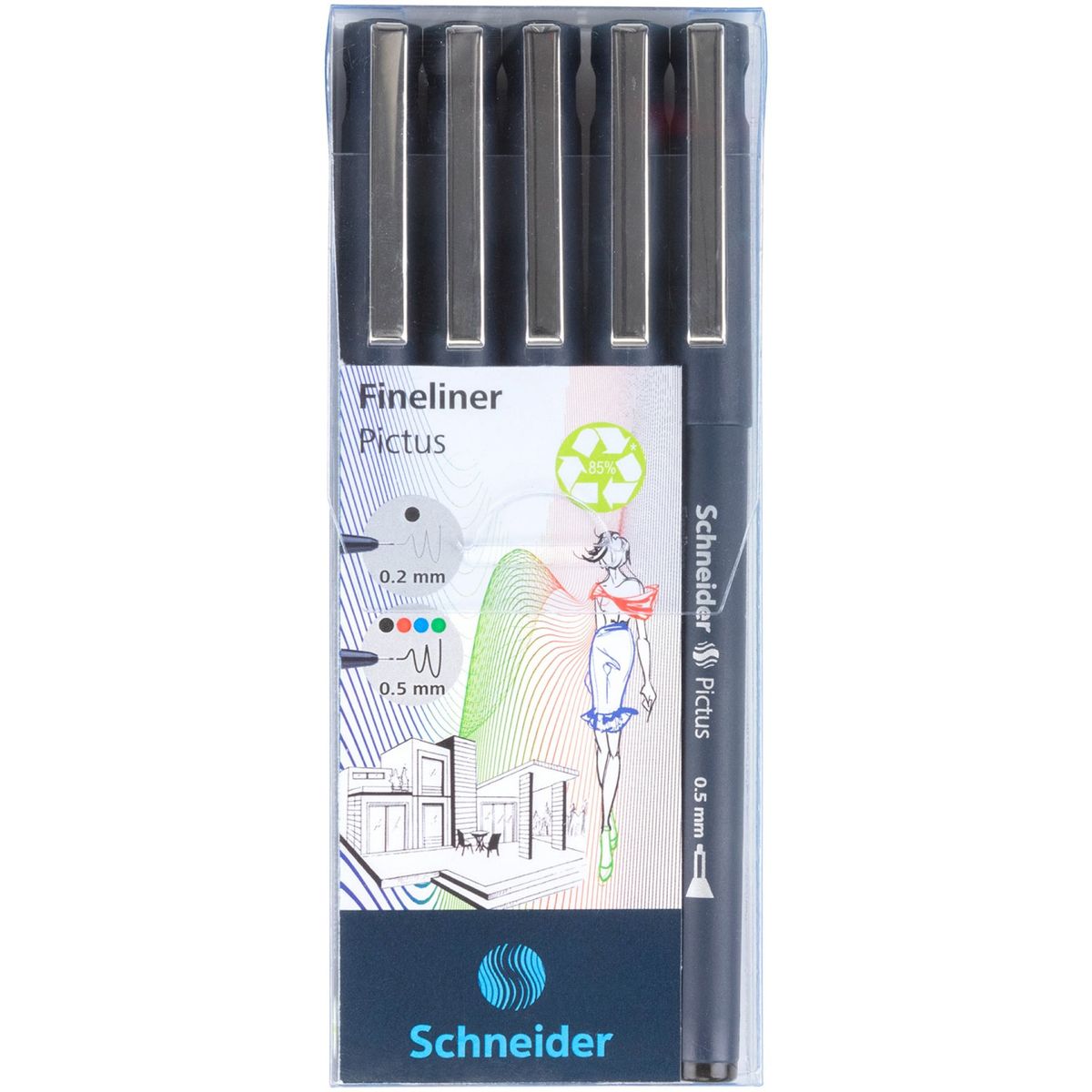 Fineliner sæt SCHNEIDER Pictus, 5 stk., blandet farver og tykkelser.