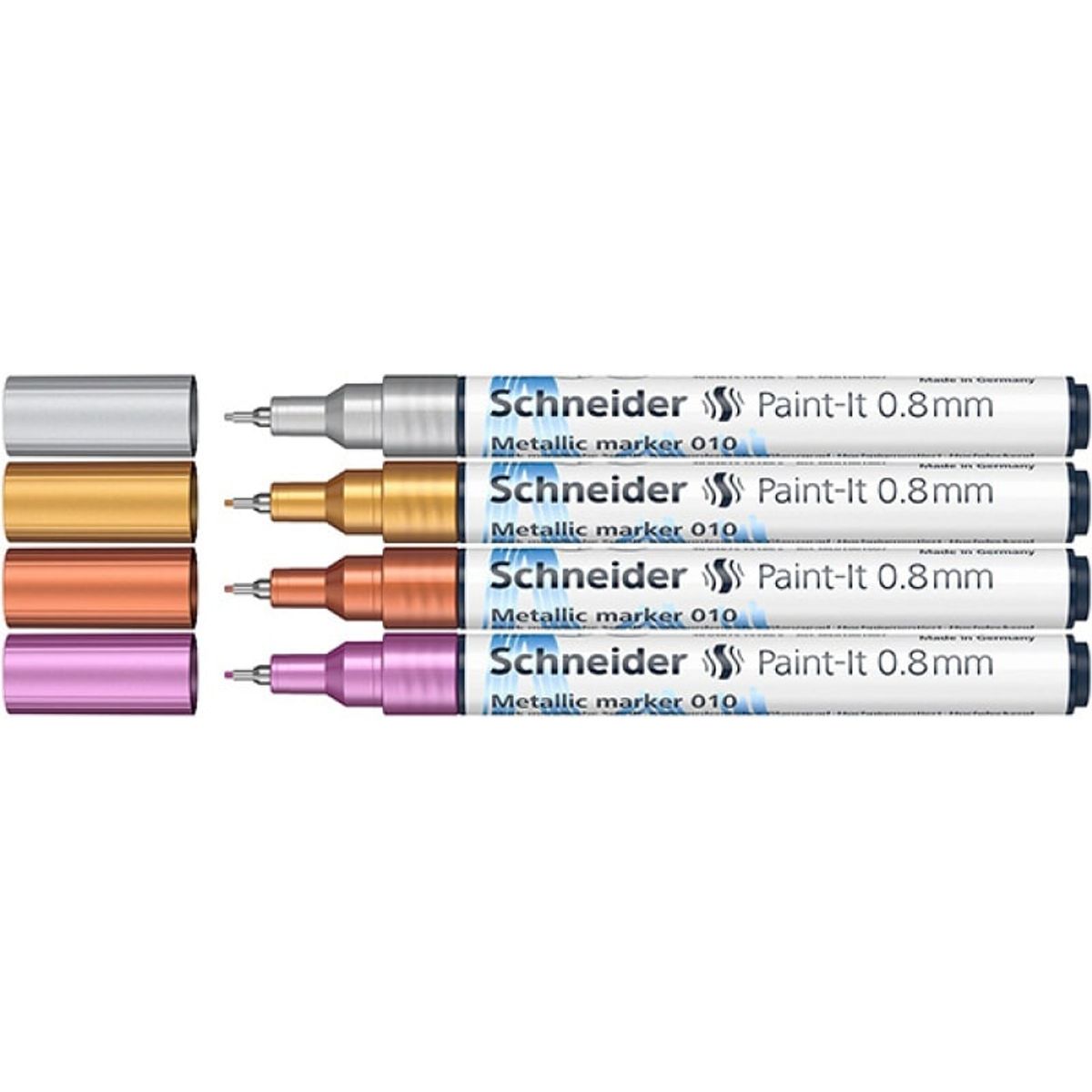 Akrylmarker SCHNEIDER Paint-It Metallic, 0,8 mm, etui, 4 stk., sølv, guld, kobber, violet 1 PA