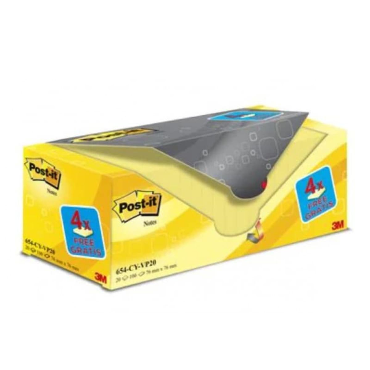 Selvklæbende blokke, sticky notes, POST-IT® (654CY-VP20), 76x76mm, (20+4)x100 ark, gul, 4 blokke GRATIS 1 pakke