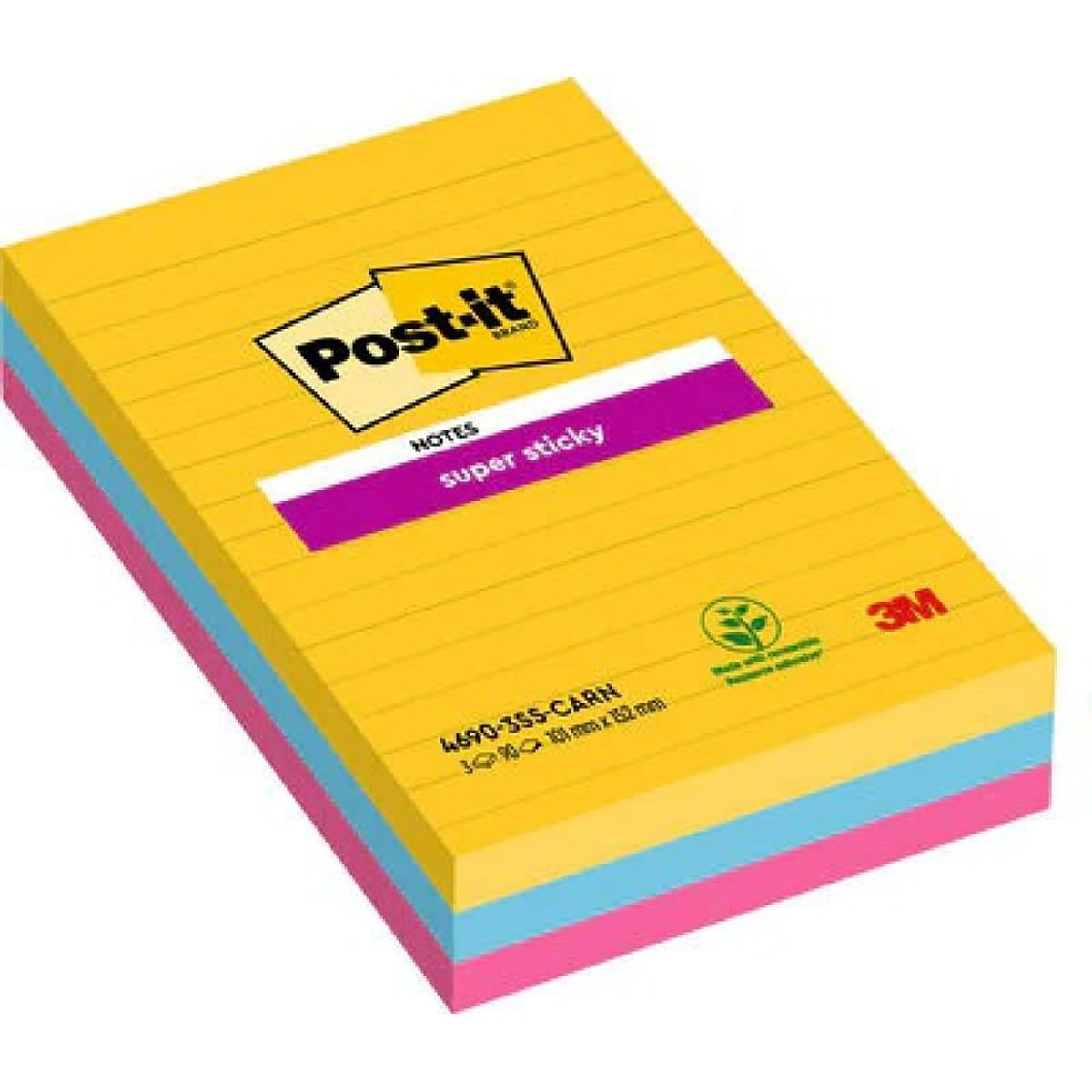 Selvklæbende blok, POST-IT® Super Sticky, linjeret, (4690-SS3RIO-EU), 101x152mm, 3x90 ark, Karnevalspalette,.