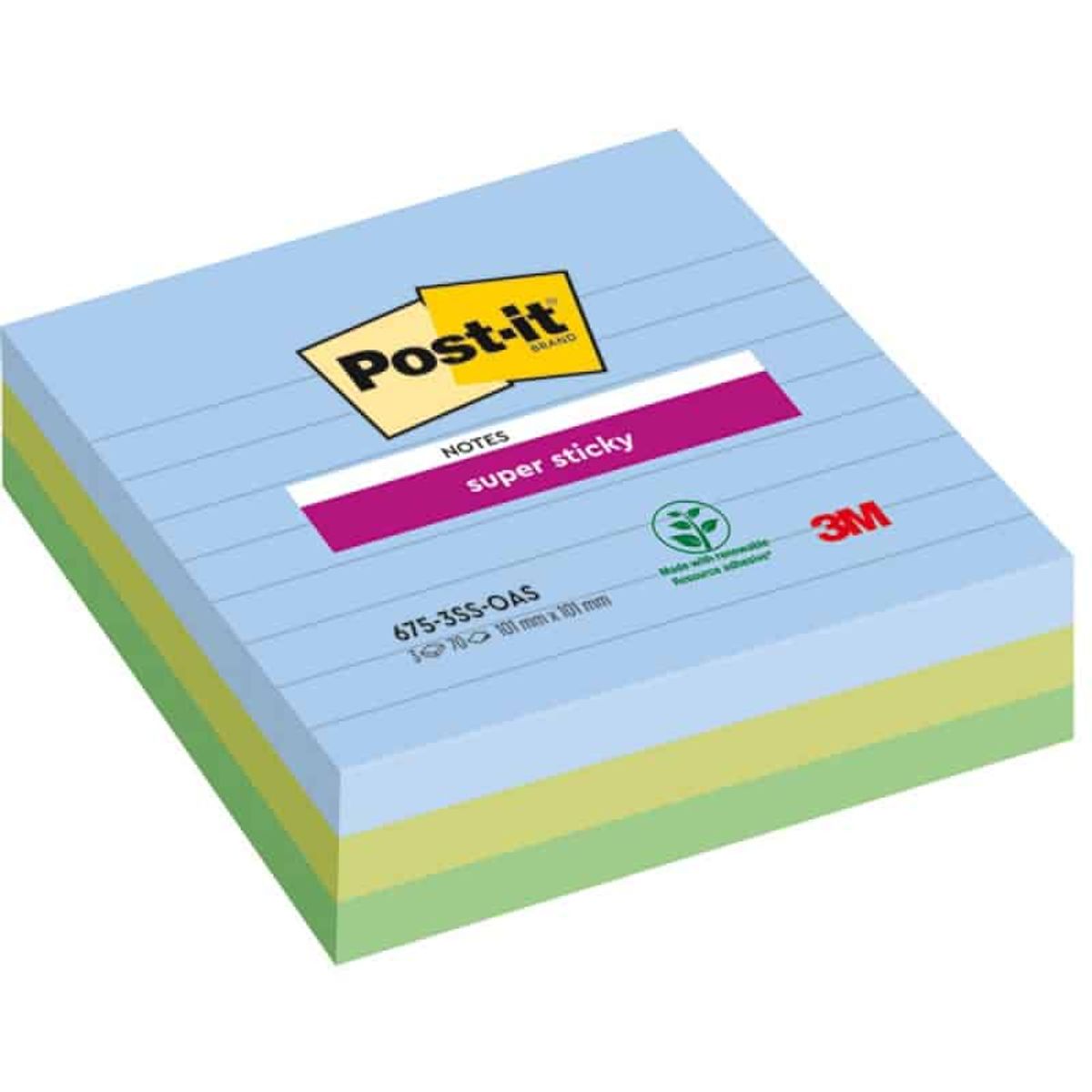 Post-it® Super Sticky XL klæbende noter, OASIS, linjeret, 101x101mm, 3x70 ark, 1 pakke