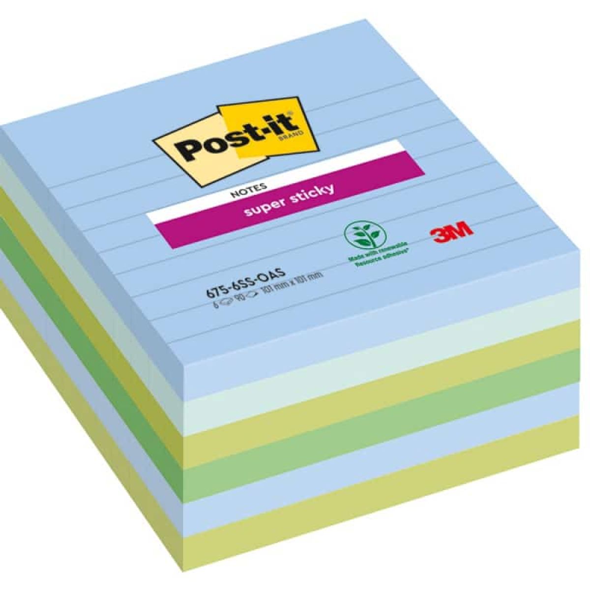 Post-it® Super Sticky XL klæbende noter, OASIS, med linjer, 101x101mm, 6x90 ark 1 pakke