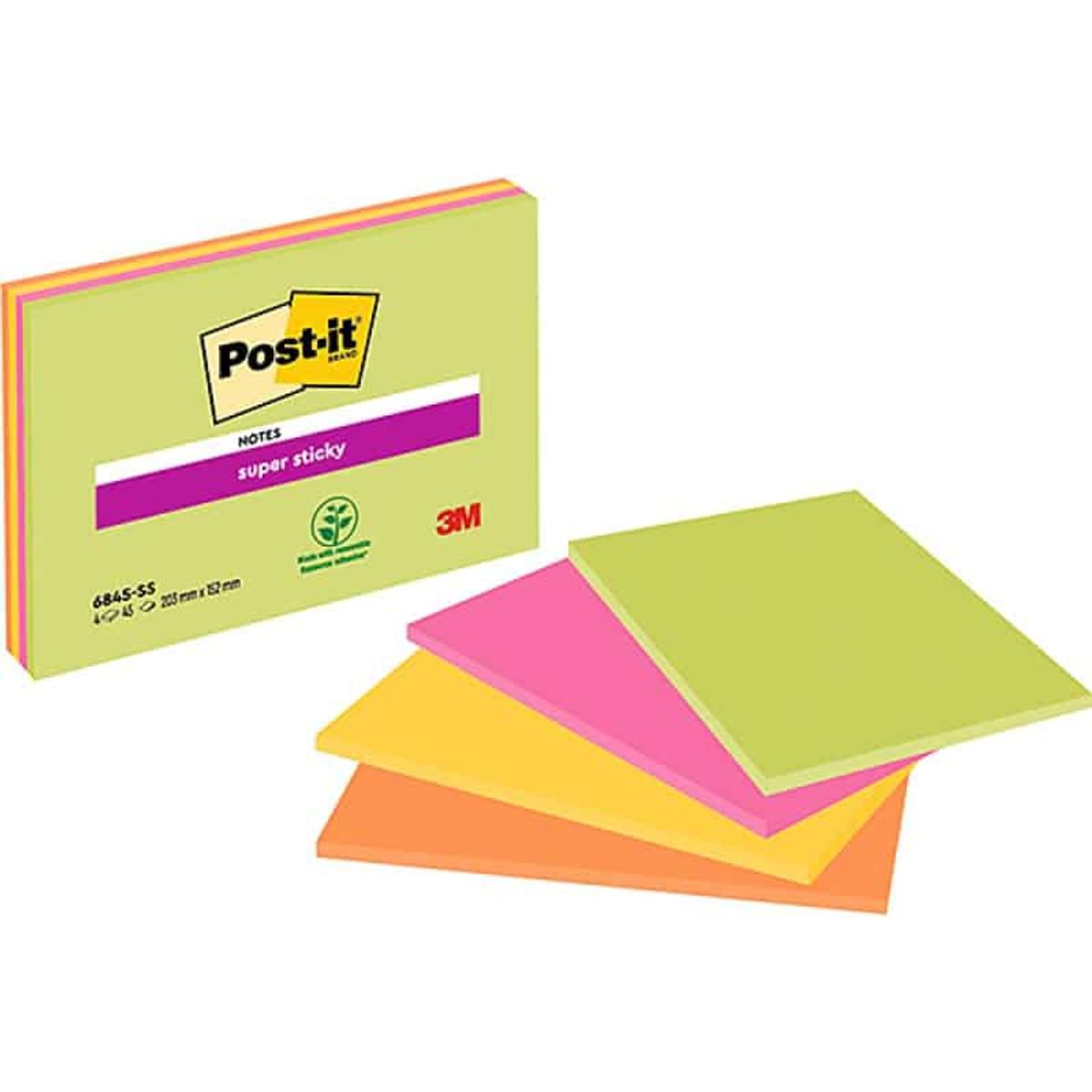 Selvklæbende blok, POST-IT® Super Sticky (6845-SSP), 200x149mm, 4x45 ark, assorterede farver, 1 pakke