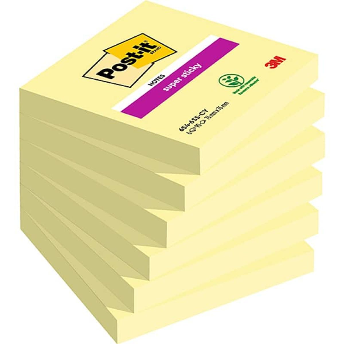 Selvklæbende blok POST-IT® Super Sticky (654-6SSCY-EU), 76x76mm, 90 ark, gul,.