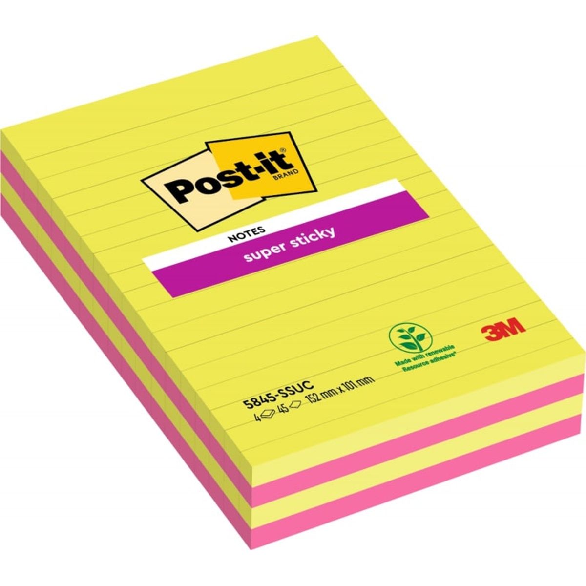 Noter stor POST-IT® Super Sticky, 127x203mm, 4x45 kort, i linjer, blandet farver.