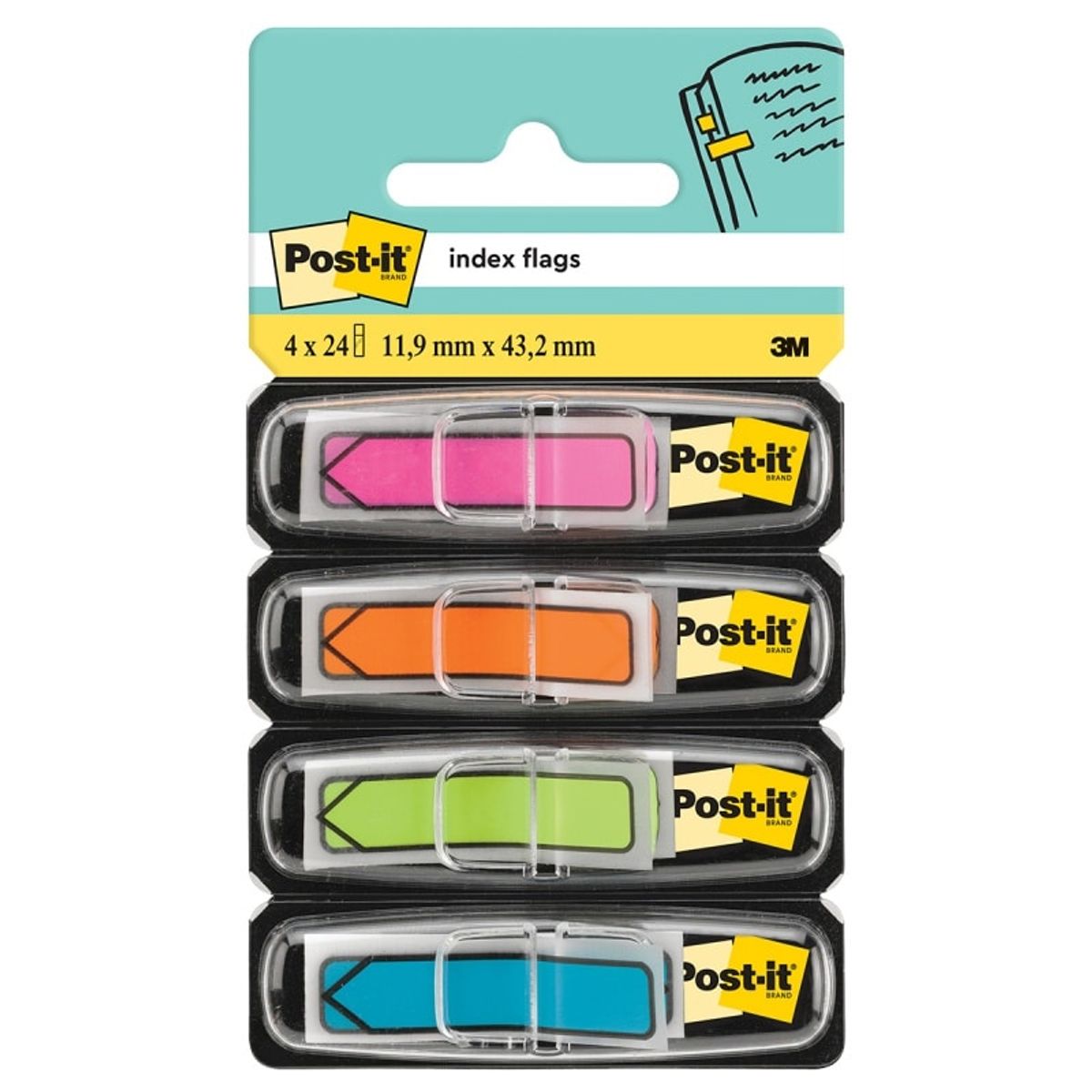 Indeksmærker POST-IT® (684-ARR4), PP, 12x43mm, pil, 4x24 stk., assorterede neonfarver,.