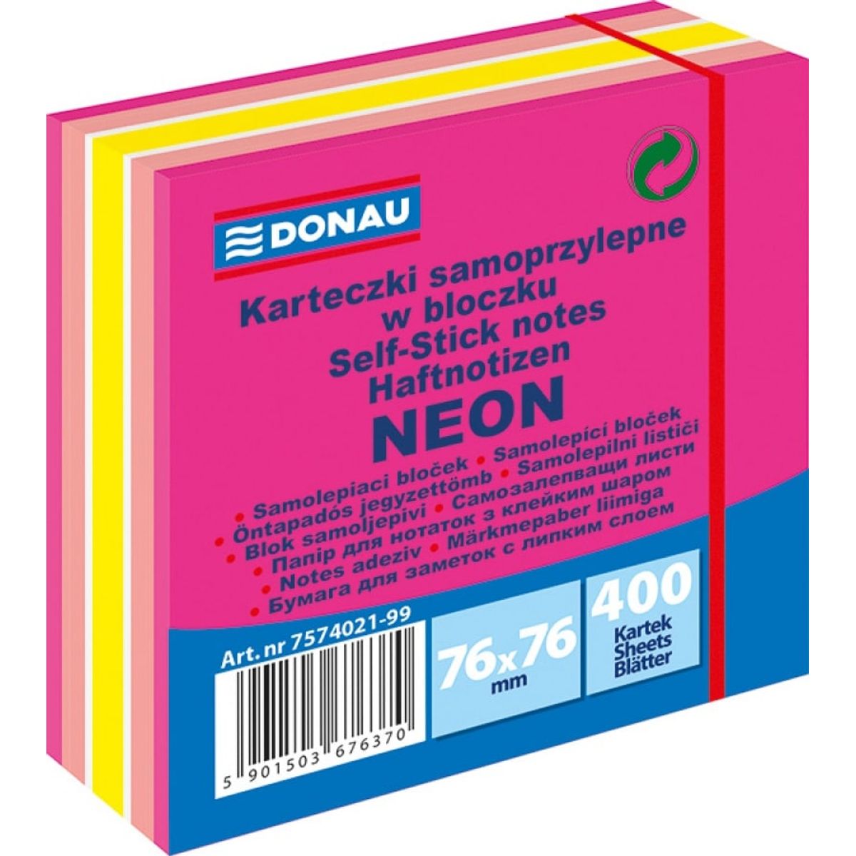 Selvklæbende kubus, DONAU, 76x76mm, 1x400 ark, neon-pastel, mix af pink,.