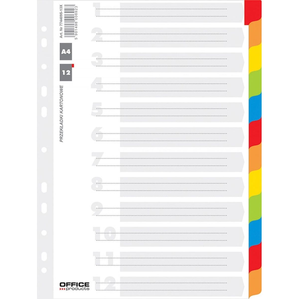 A4 Papirskilleblade, 12-delt, lamineret, assorterede farver,.