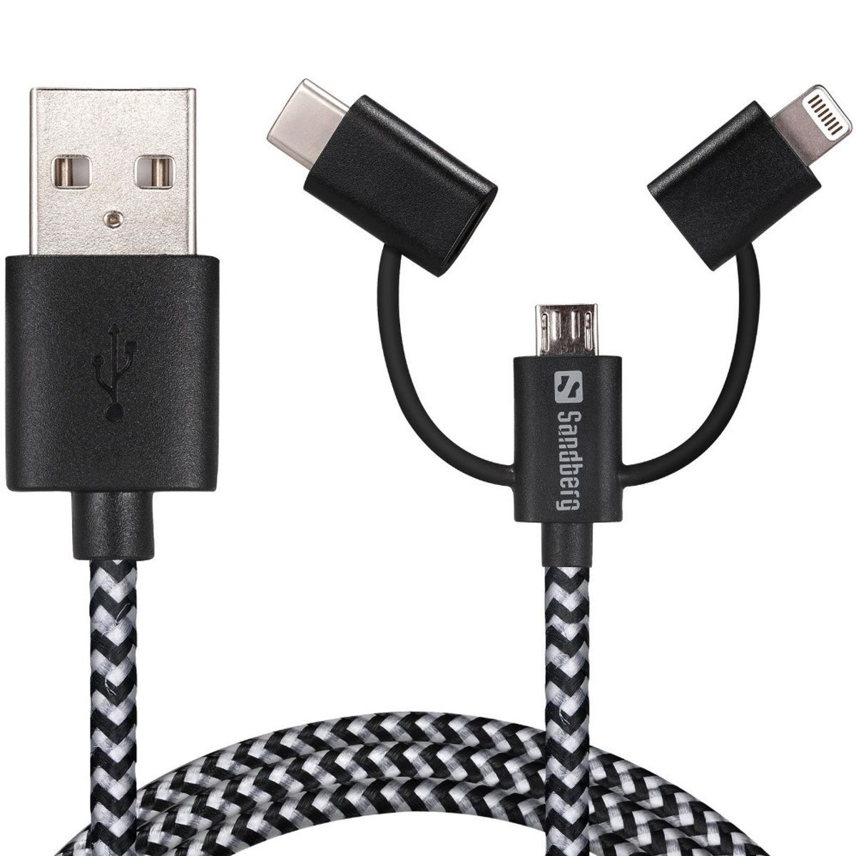 Sandberg 1m multikabel 3i1 med USB-C, micro USB og MFi Lightning stik