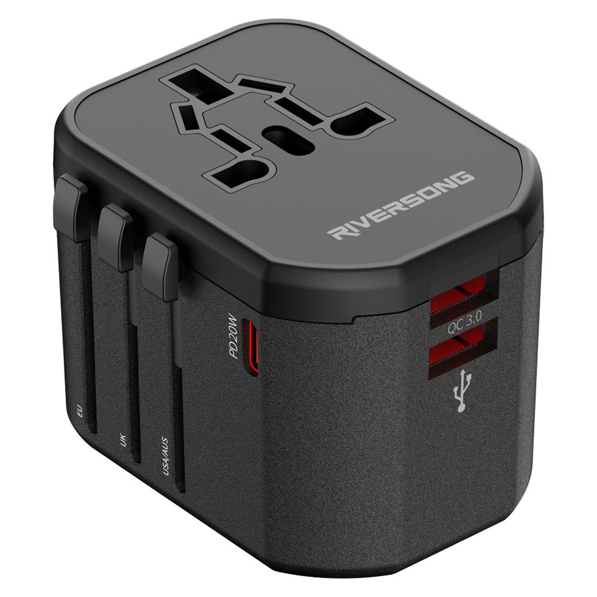 Riversong TravelKub til UK EU US rejseadapter m. USB-C og USB-A, sort