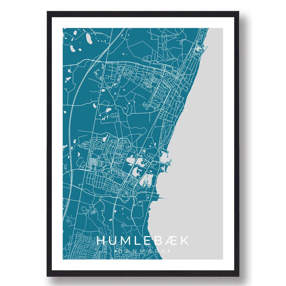 Humlebæk by plakat - blå (Størrelse: L - 50x70cm (B2))