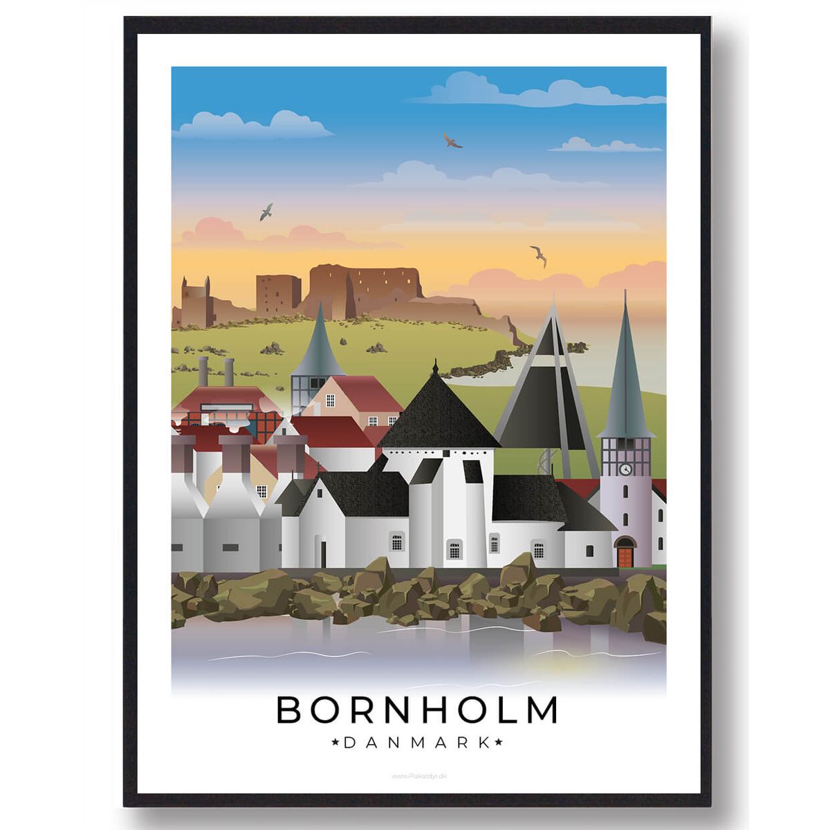 Bornholm byplakat med hvid kant (RESTPARTI) (Størrelse: XL - 70x100cm)