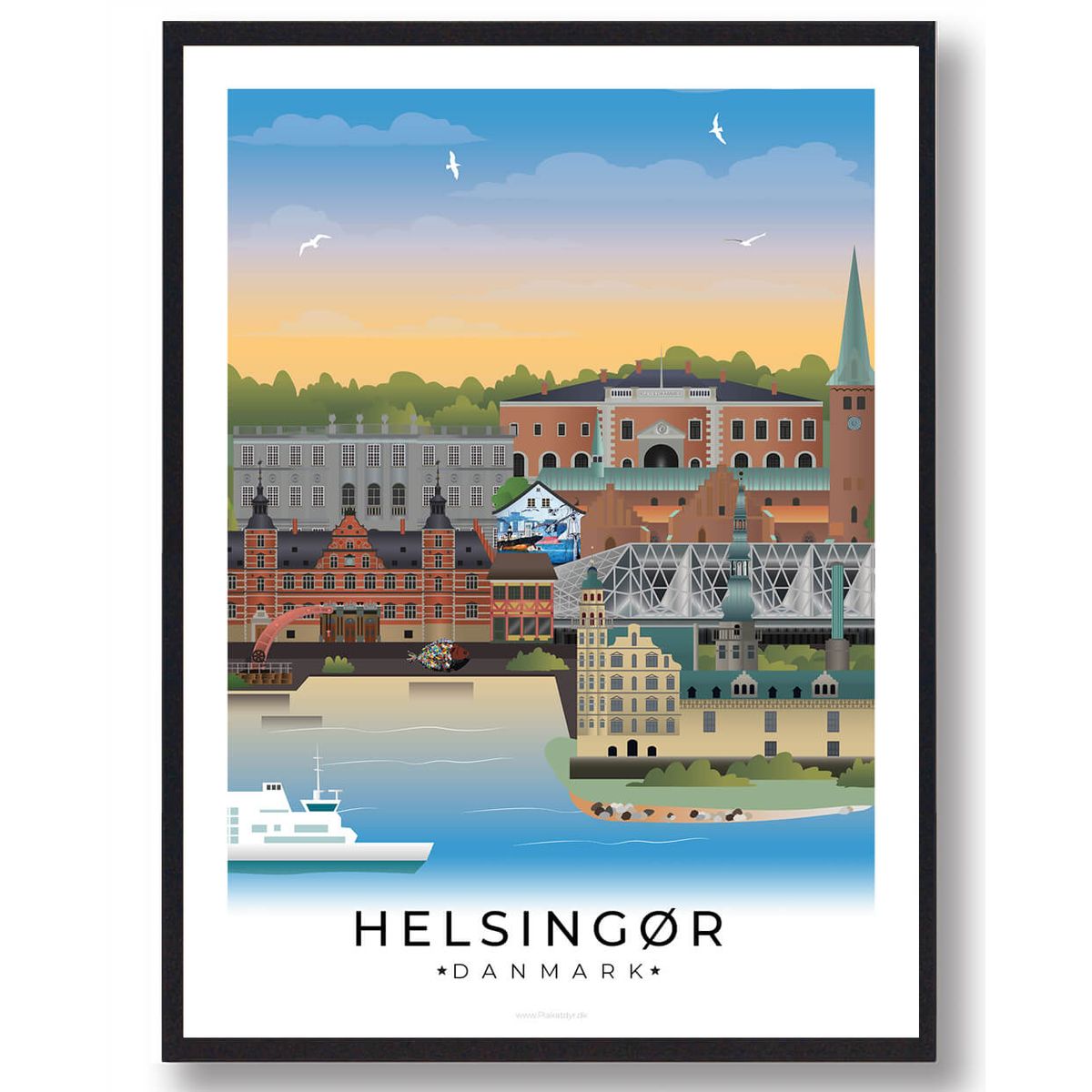 Helsingør byplakat med hvid kant (RESTPARTI) (Størrelse: L - 50x70cm (B2))