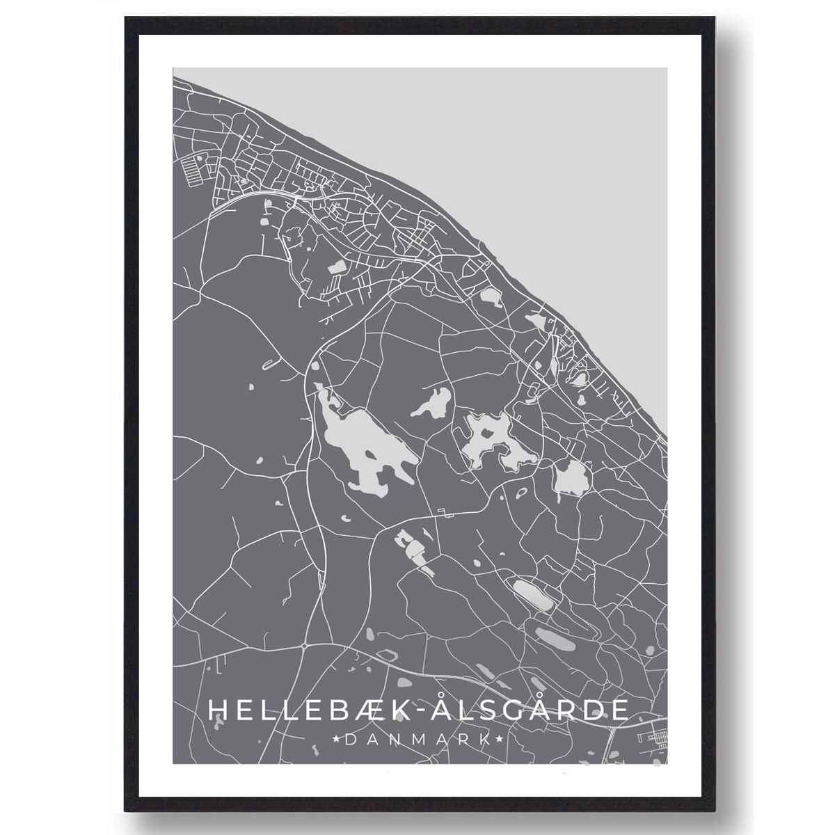 Hellebæk - Ålsgårde by plakat - grå (Størrelse: L - 50x70cm (B2))