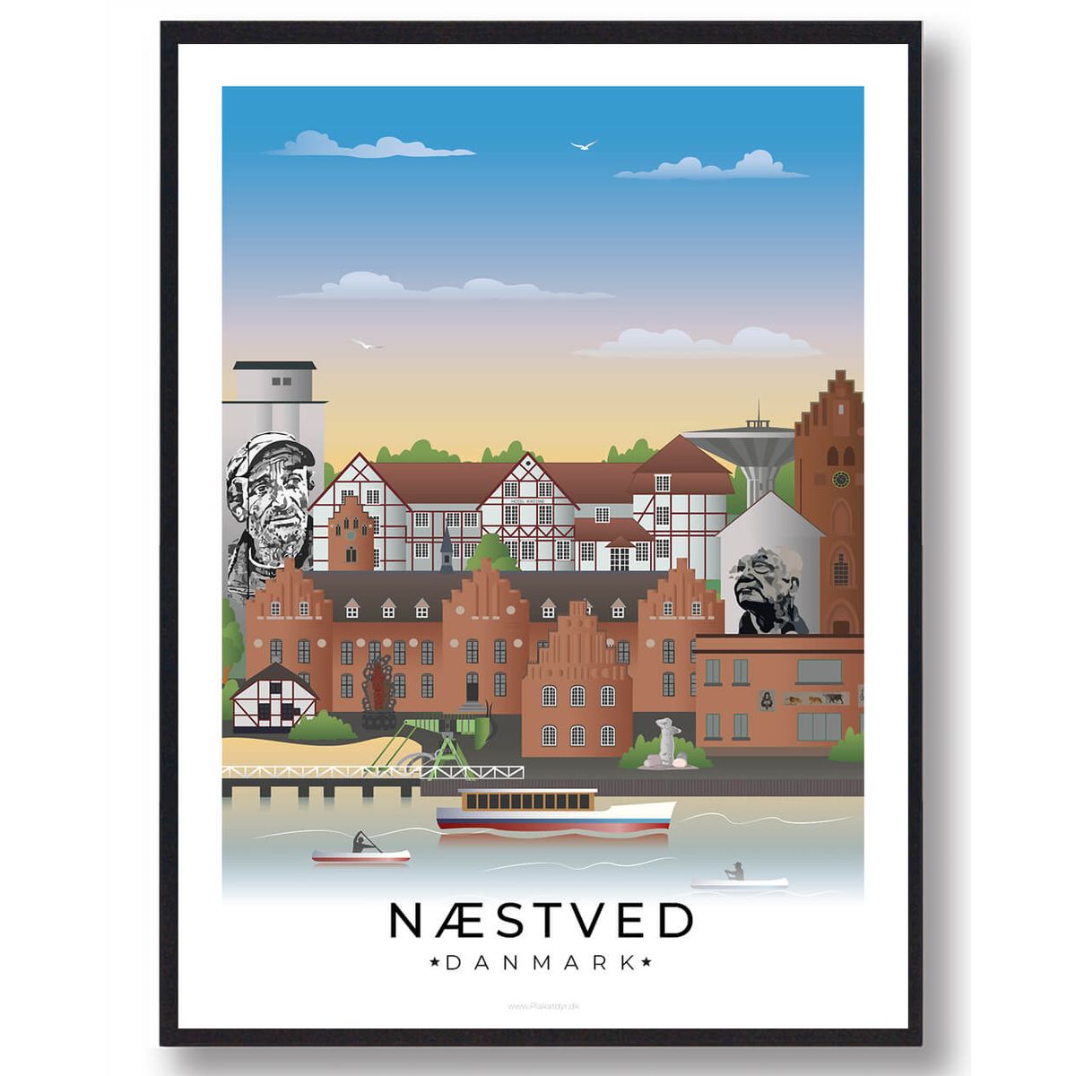 Næstved byplakat med hvid kant (RESTPARTI) (Størrelse: M - 30x40cm)