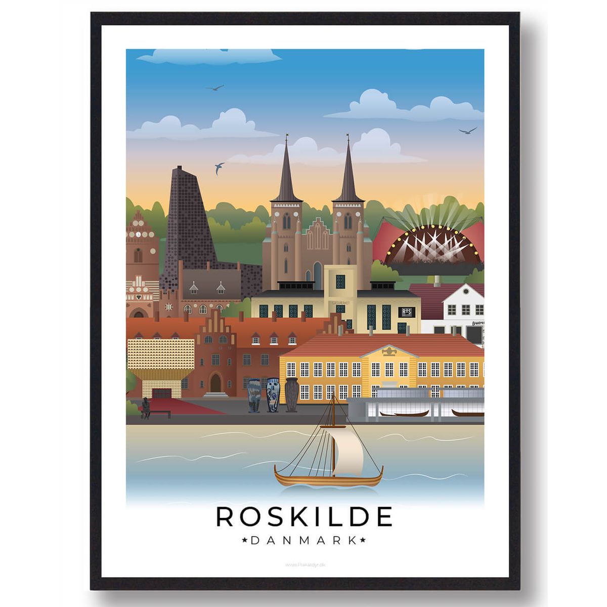 Roskilde byplakat med hvid kant (RESTPARTI) (Størrelse: L - 50x70cm (B2))