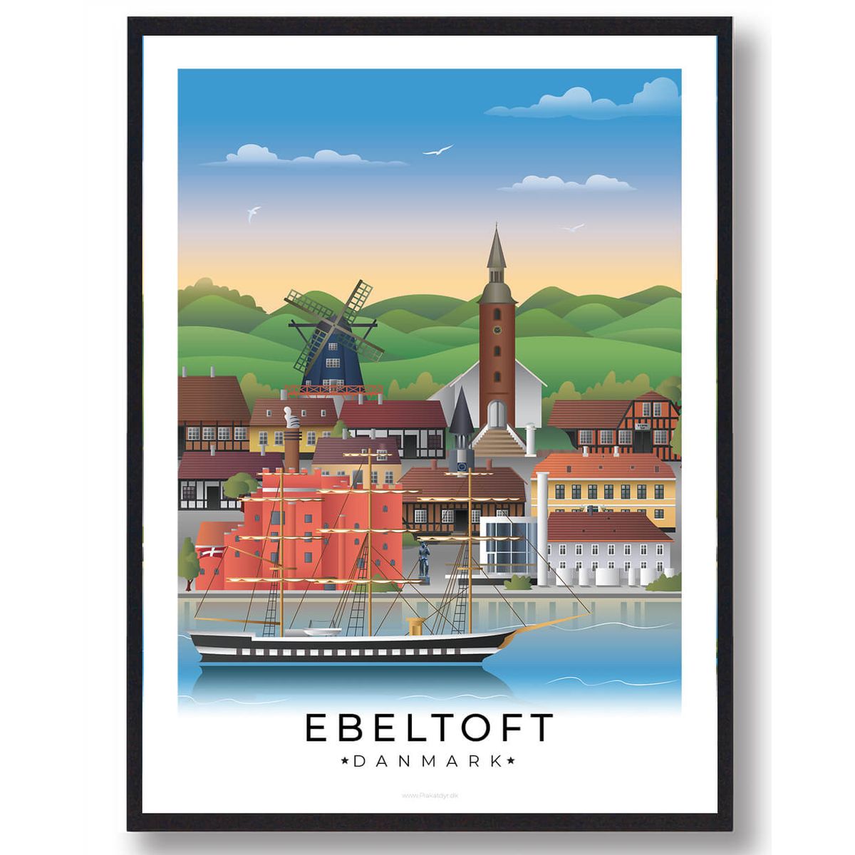 Ebeltoft byplakat med hvid kant (RESTPARTI) (Størrelse: L - 50x70cm (B2))