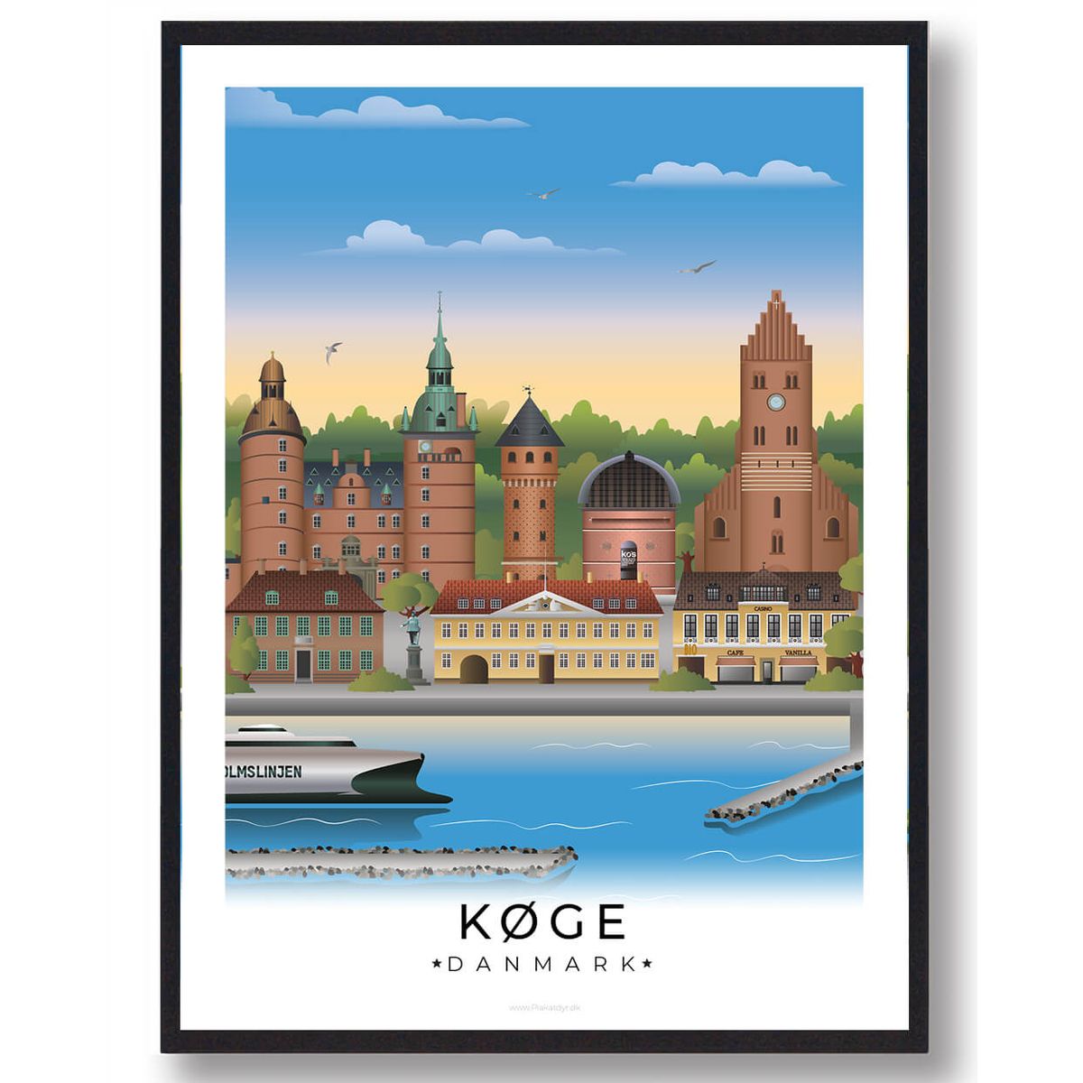 Køge byplakat med hvid kant (RESTPARTI) (Størrelse: M - 30x40cm)