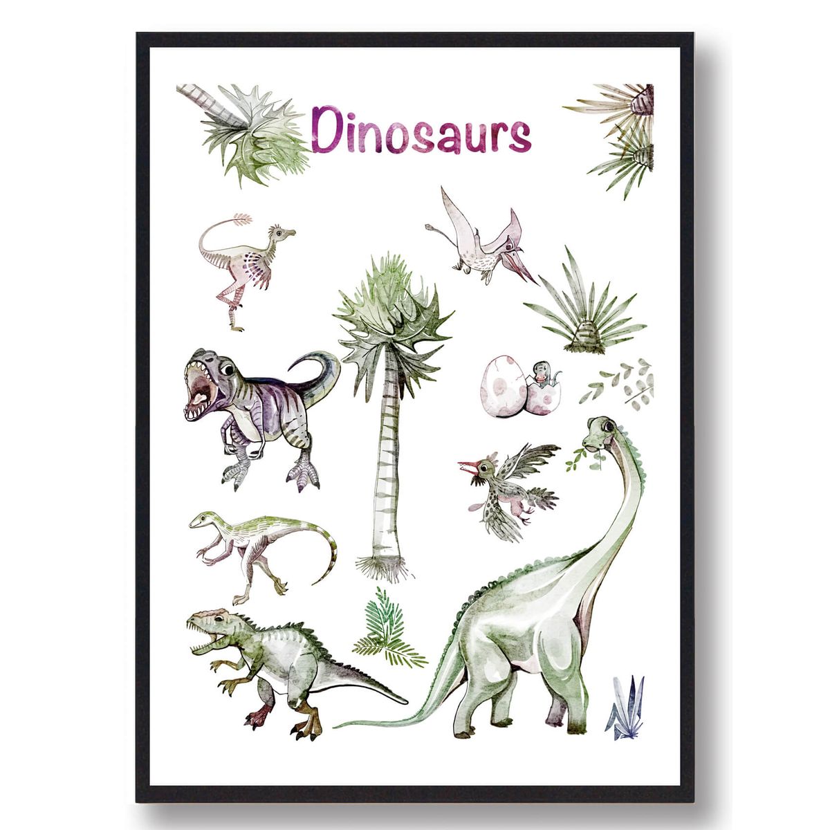 Dinosaurplakat - håndtegnet (Størrelse: L - 50x70cm (B2))