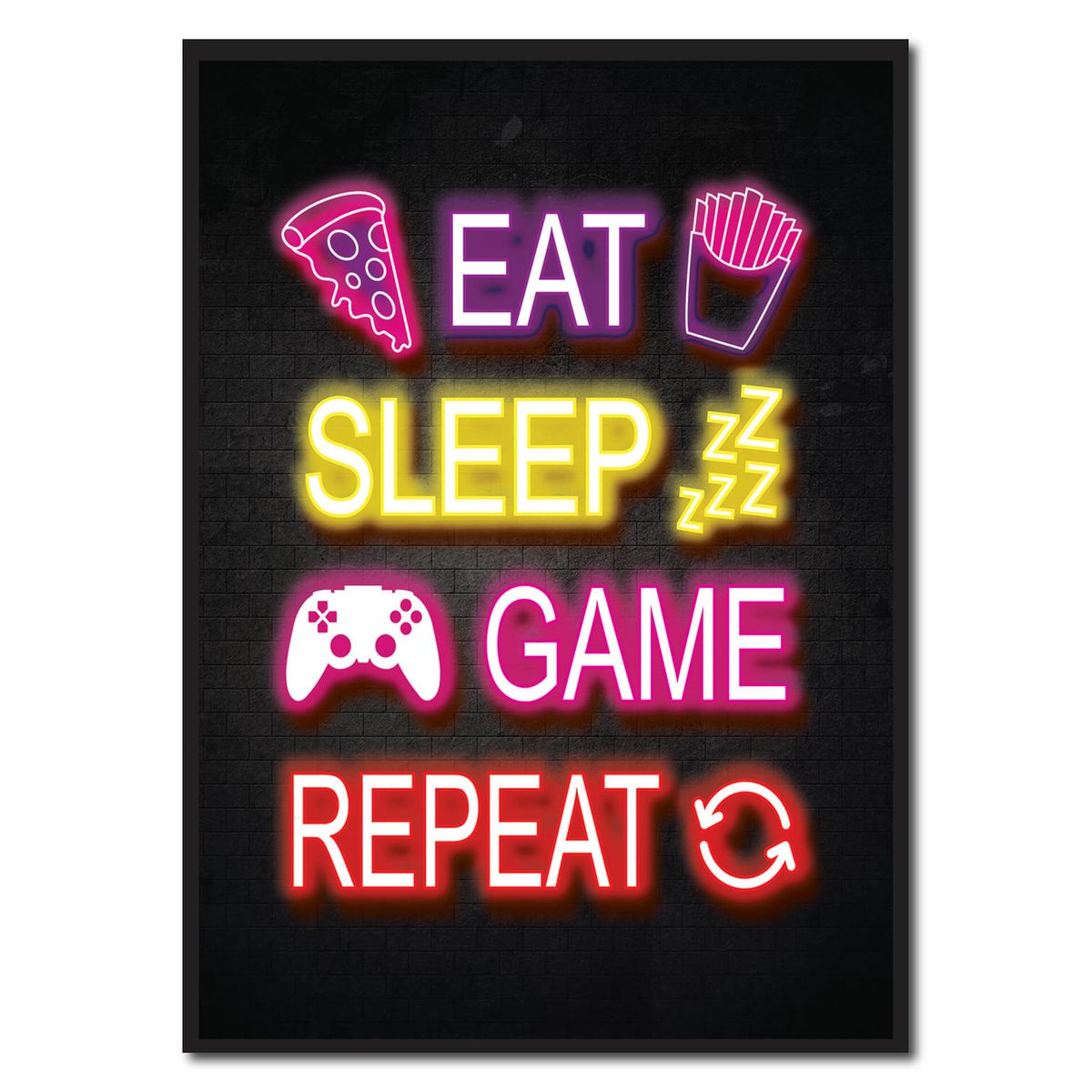 Eat, sleep, game, repeat - neon gamerplakater (Størrelse: L - 50x70cm (B2))