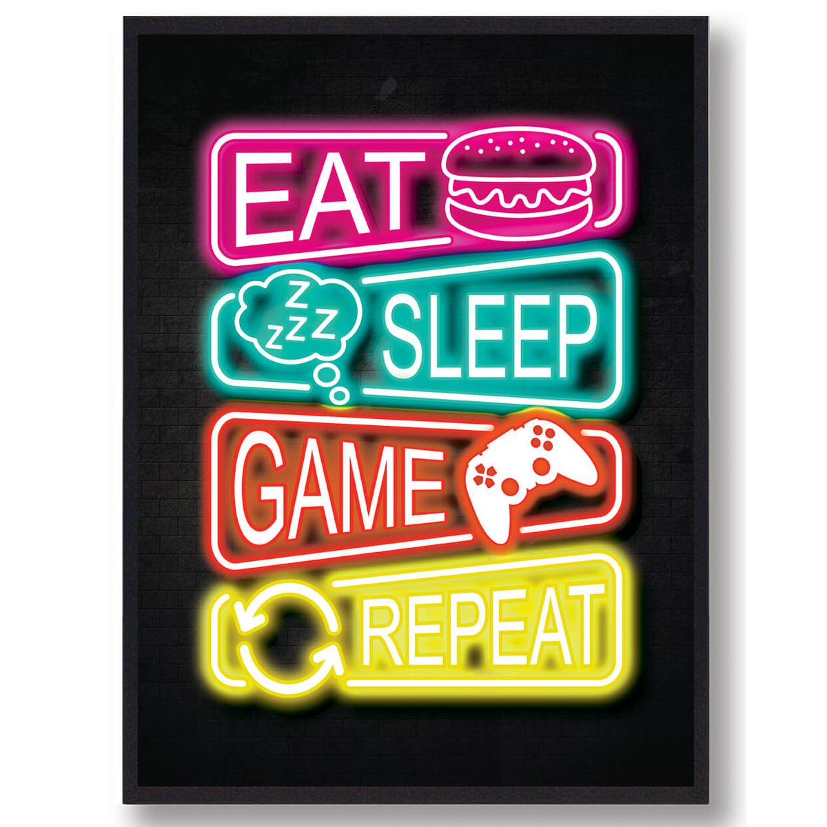 Eat, sleep, game, repeat - neon gamerplakater (Størrelse: L - 50x70cm (B2))