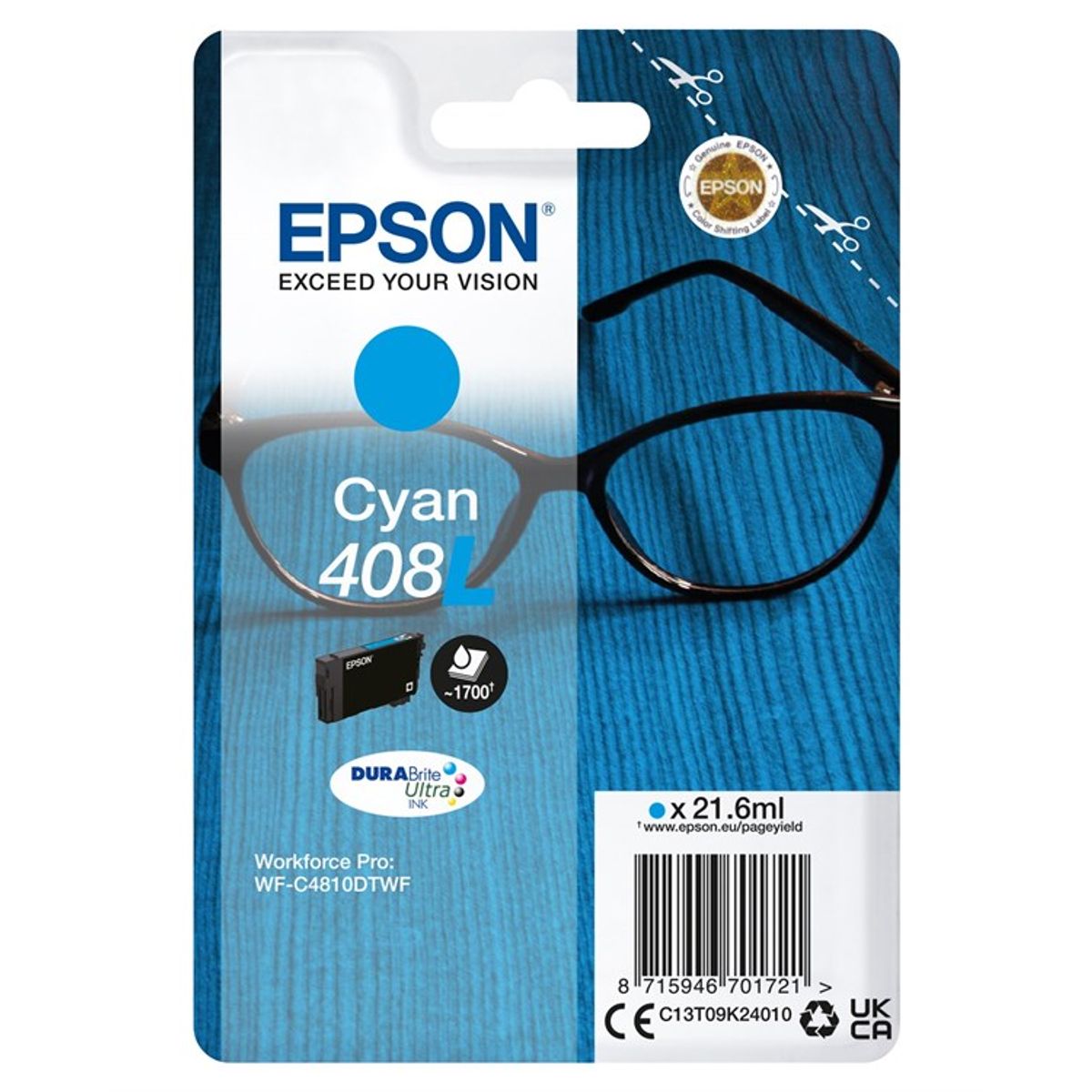 Cyan blækpatron - Epson 408L - 21,6 ml.