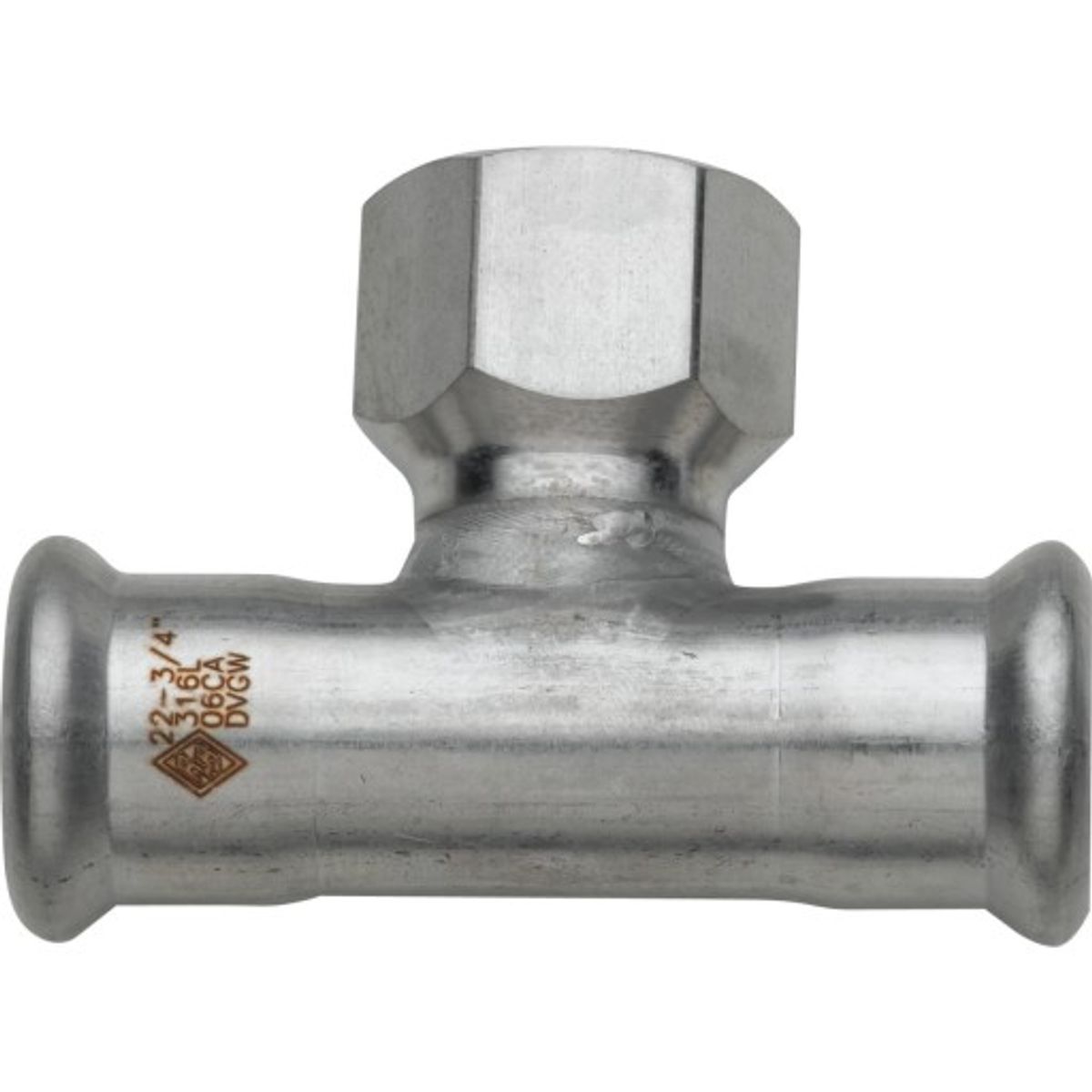 Turbo Press tee med muffe, 22 mm x 1/2" x 22 mm (M)