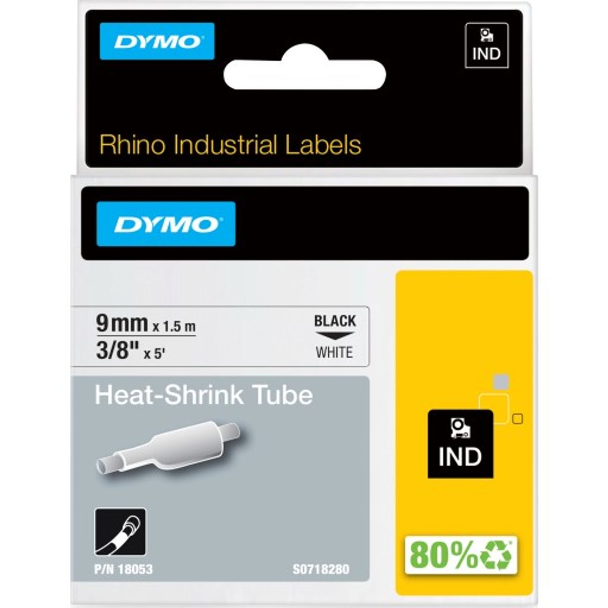 DYMO® Rhino tape, krympeflex, 9 mm, sort på hvid