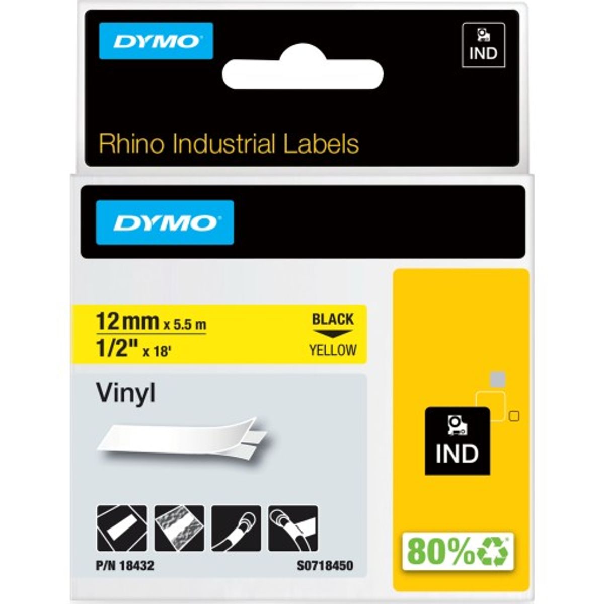 5 stk DYMO® Rhino tape, vinyl, 12 mm, sort på gul