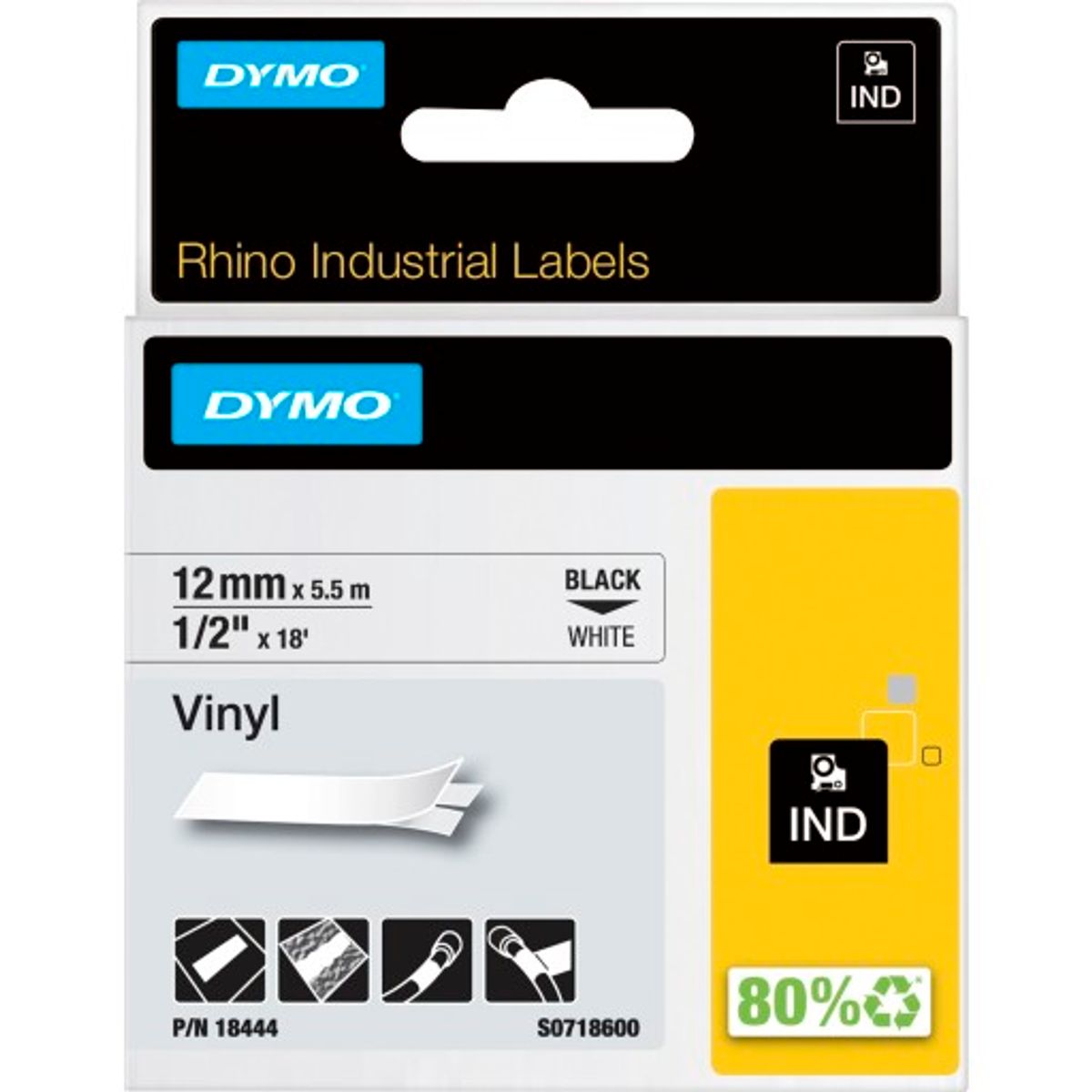 DYMO® Rhino tape, vinyl, 12 mm, sort på hvid