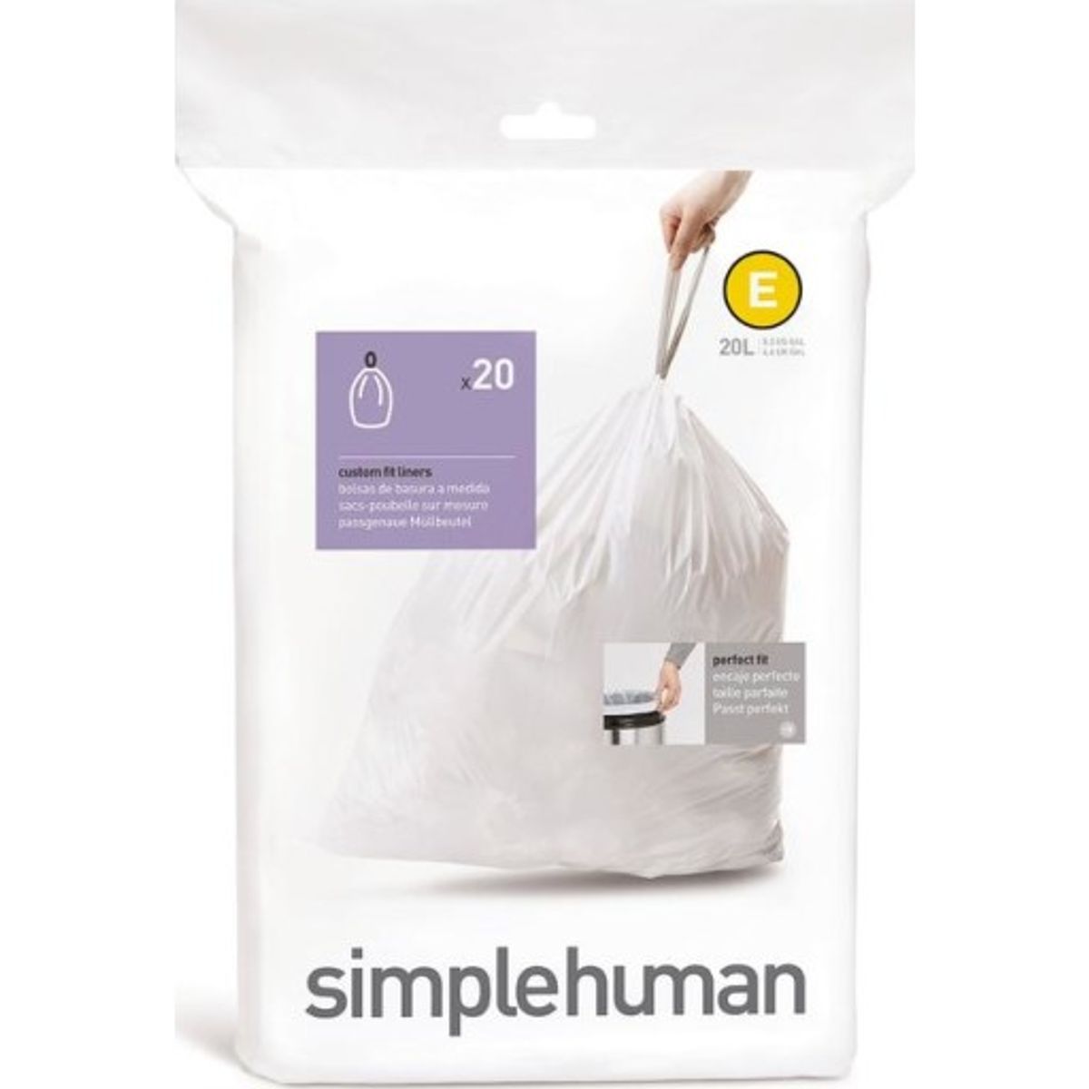 Simplehuman affaldsposer, kode E, 20 liter, hvid, 20 stk