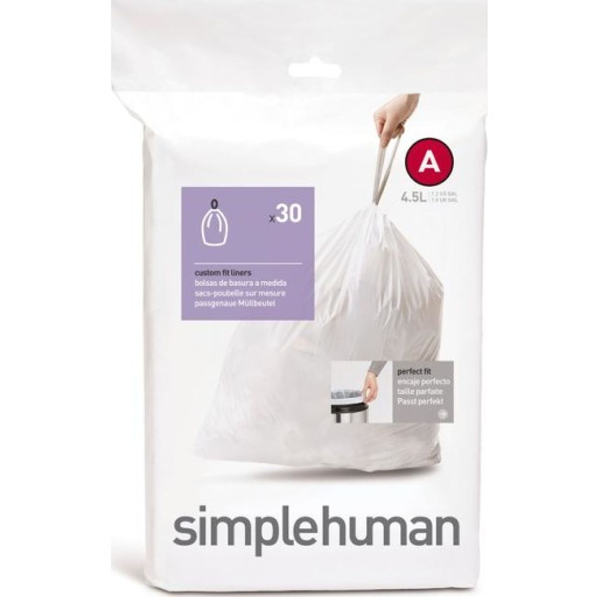 Simplehuman affaldsposer, kode A, 4,5 liter, hvid, 30 stk