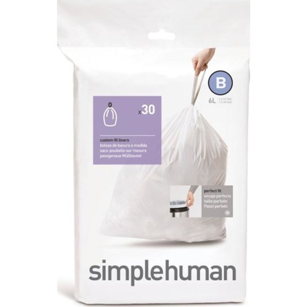 Simplehuman affaldsposer, kode B, 6 liter, hvid, 30 stk