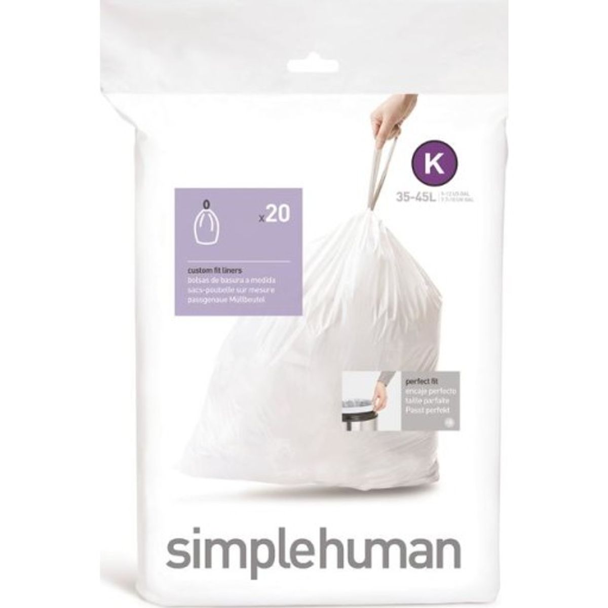 Simplehuman affaldsposer, kode K, 35-45 liter, hvid, 20 stk