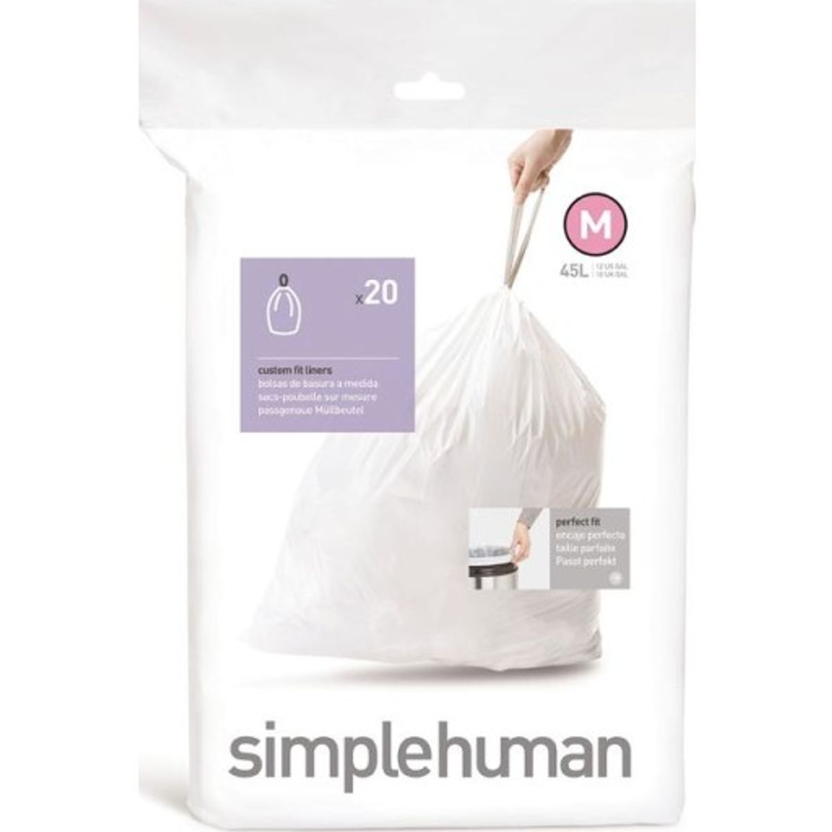 Simplehuman affaldsposer, kode M, 45 liter, hvid, 20 stk