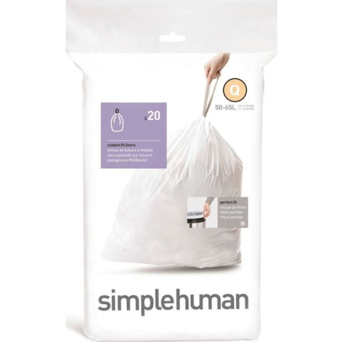 Simplehuman affaldsposer, kode Q, 50-65 liter, hvid, 20 stk