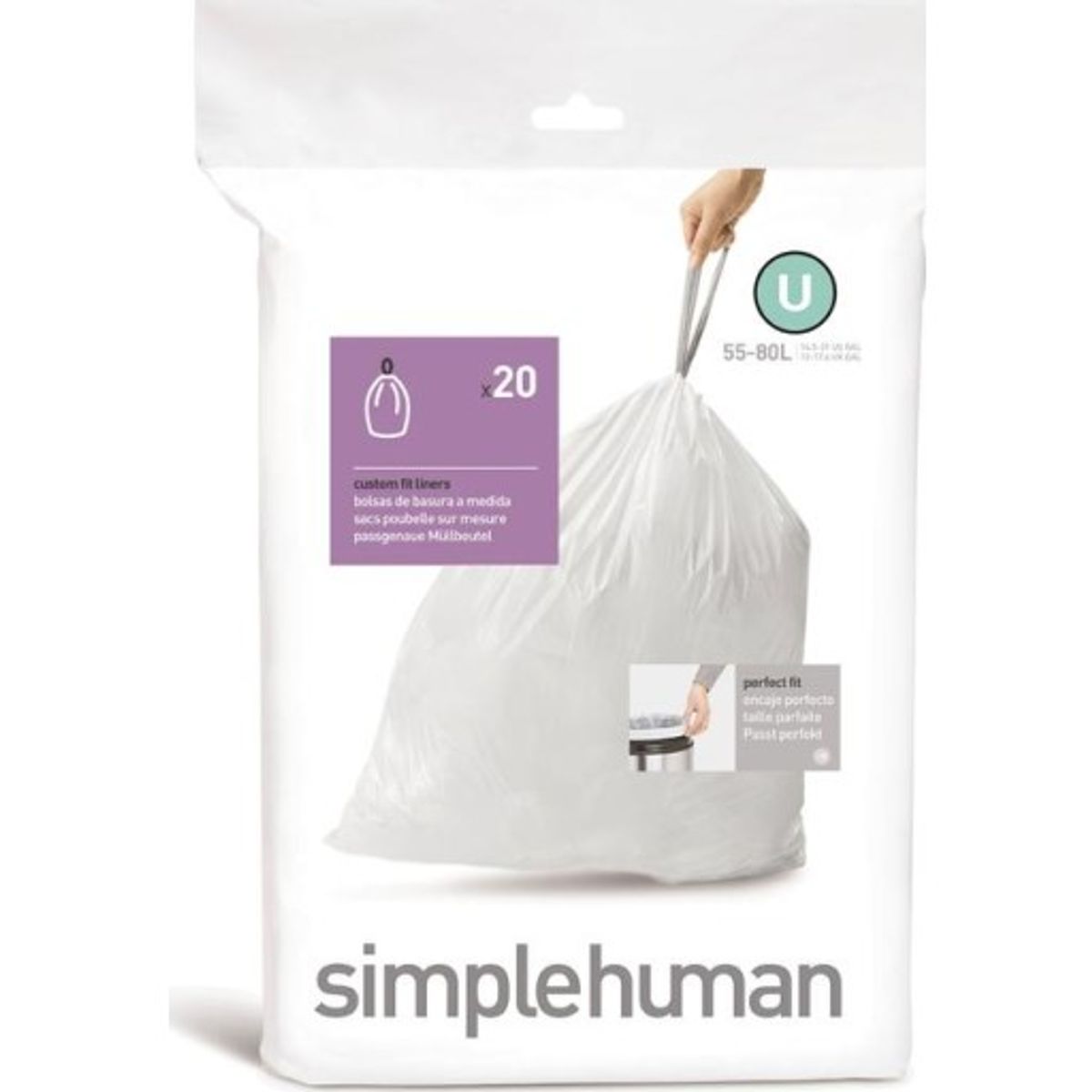 Simplehuman affaldsposer, kode U, 55-80 liter, hvid, 20 stk