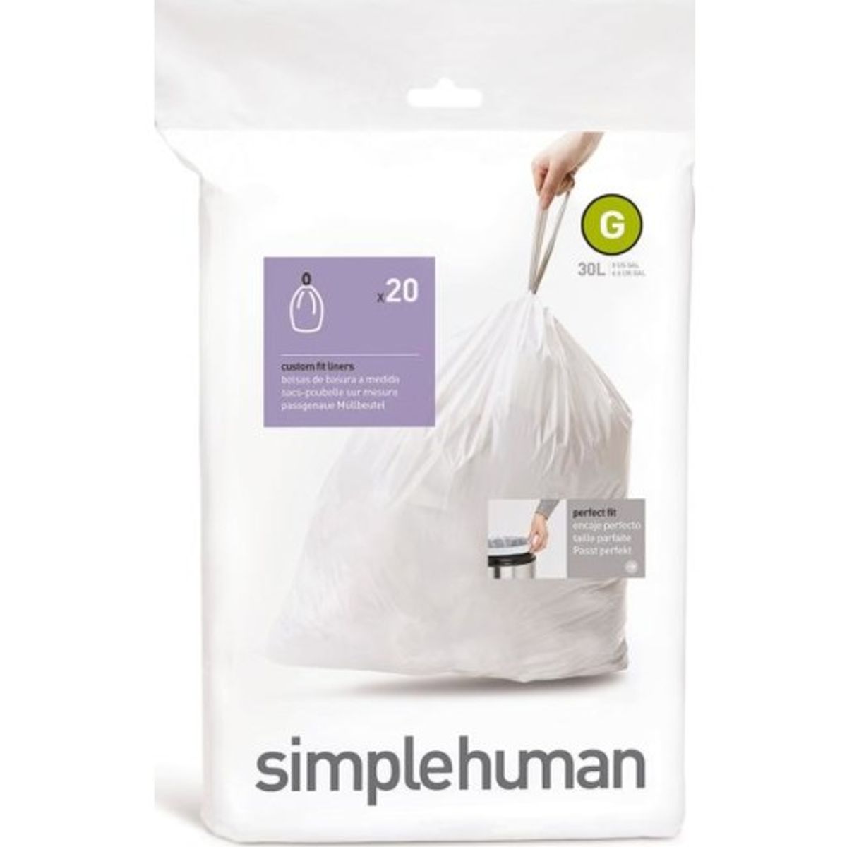 Simplehuman affaldsposer, kode G, 30 liter, hvid, 20 stk