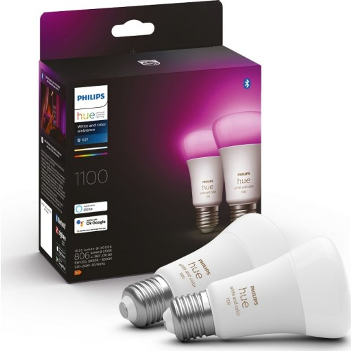 Philips Hue White Color Ambiance E27 standardpære, 2000K-6500K, 9W, 2-pak