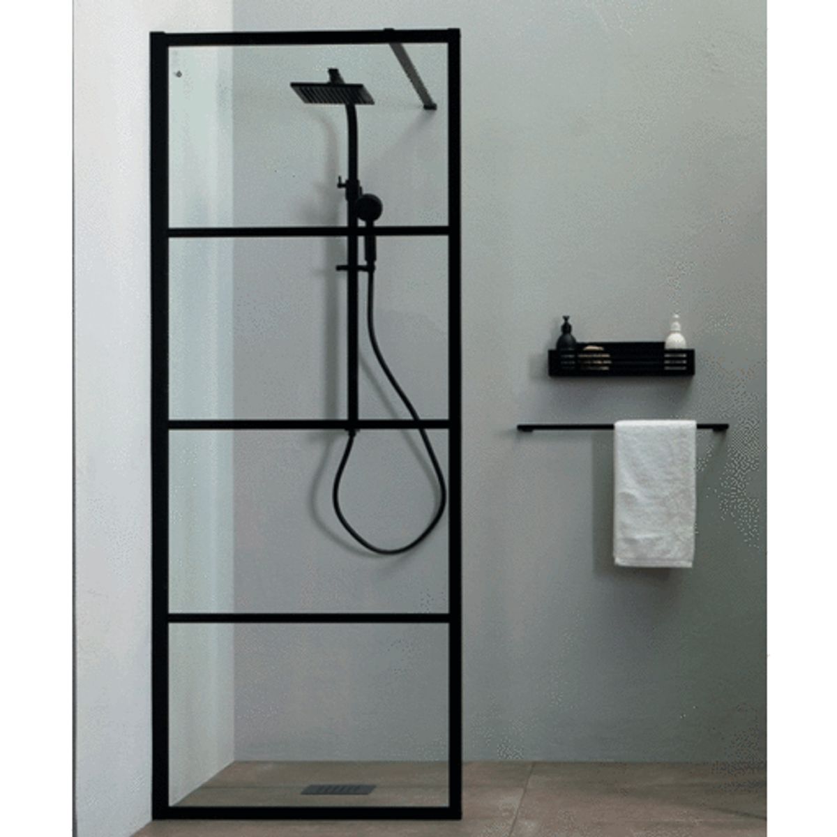 Lavabo Walk in brusevæg, 90 cm, klart glas, mat sort profil