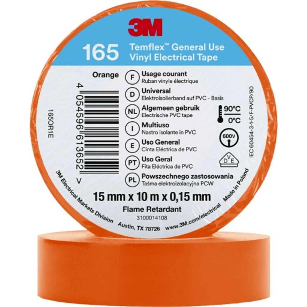 100 stk Temflex EL Vinyltape 165 15 mm x 10 m, orange