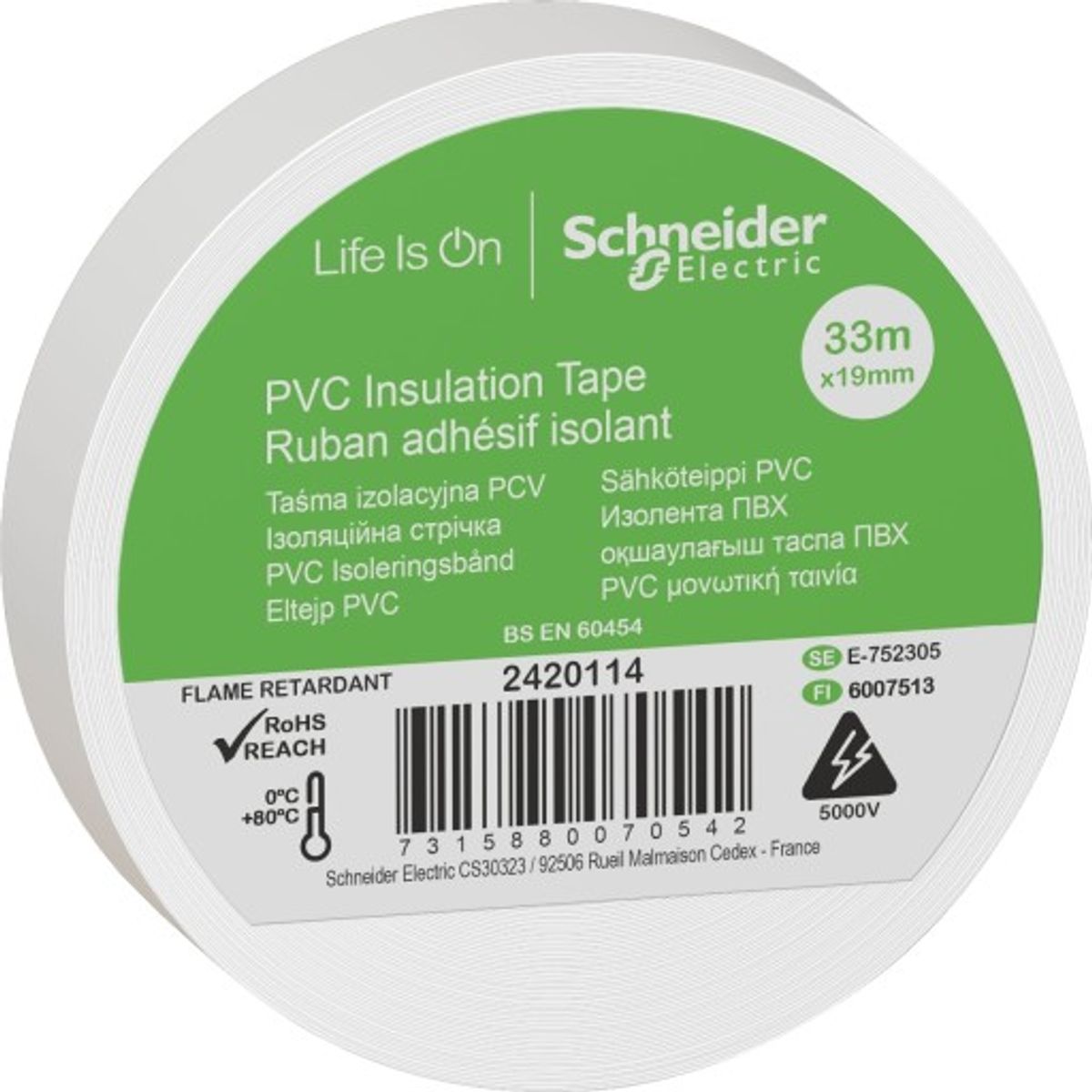 8 stk Schneider PVC isoleringstape 19 mm x 33 m i hvid