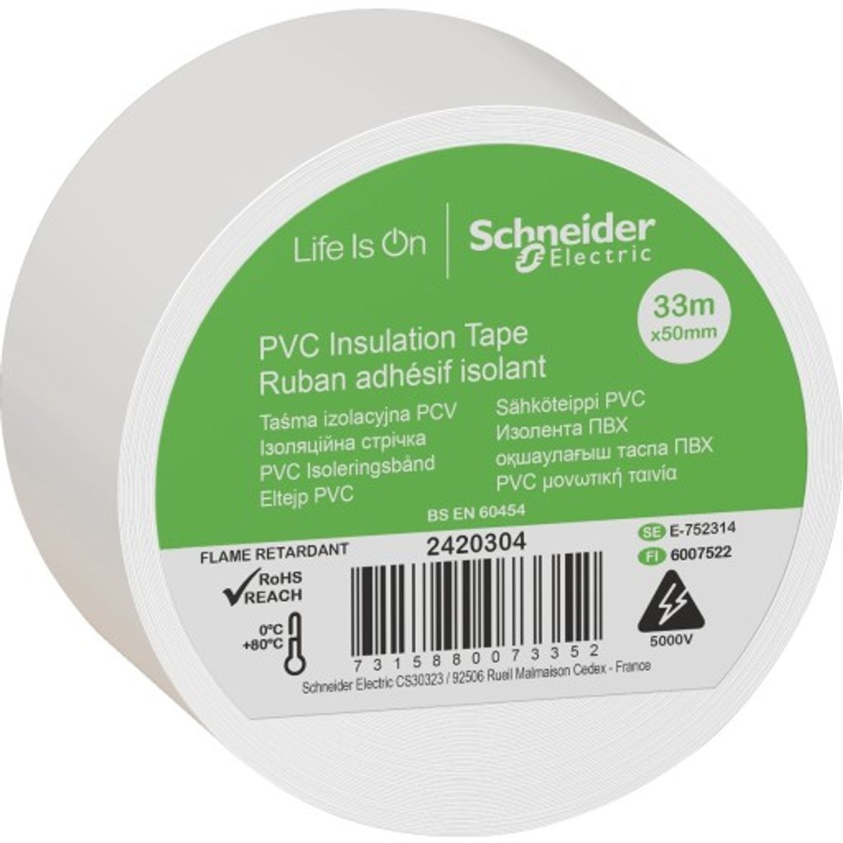 3 stk Schneider PVC isoleringstape, 50 mm x 33 m, hvid