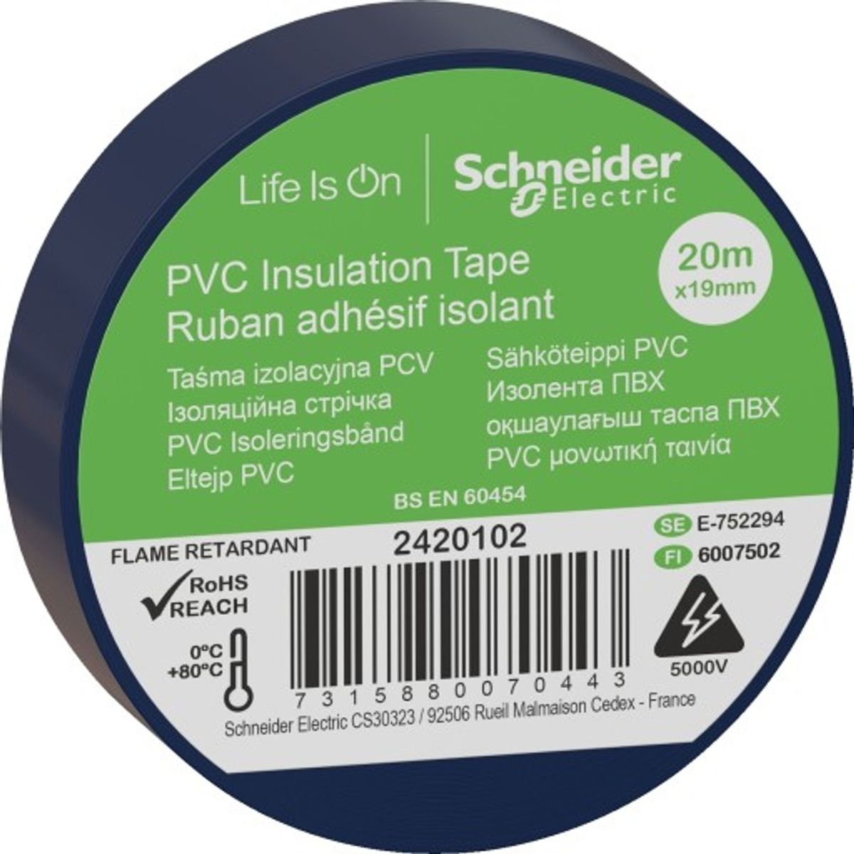 8 stk Schneider PVC isoleringstape, 19 mm x 20 m, blå