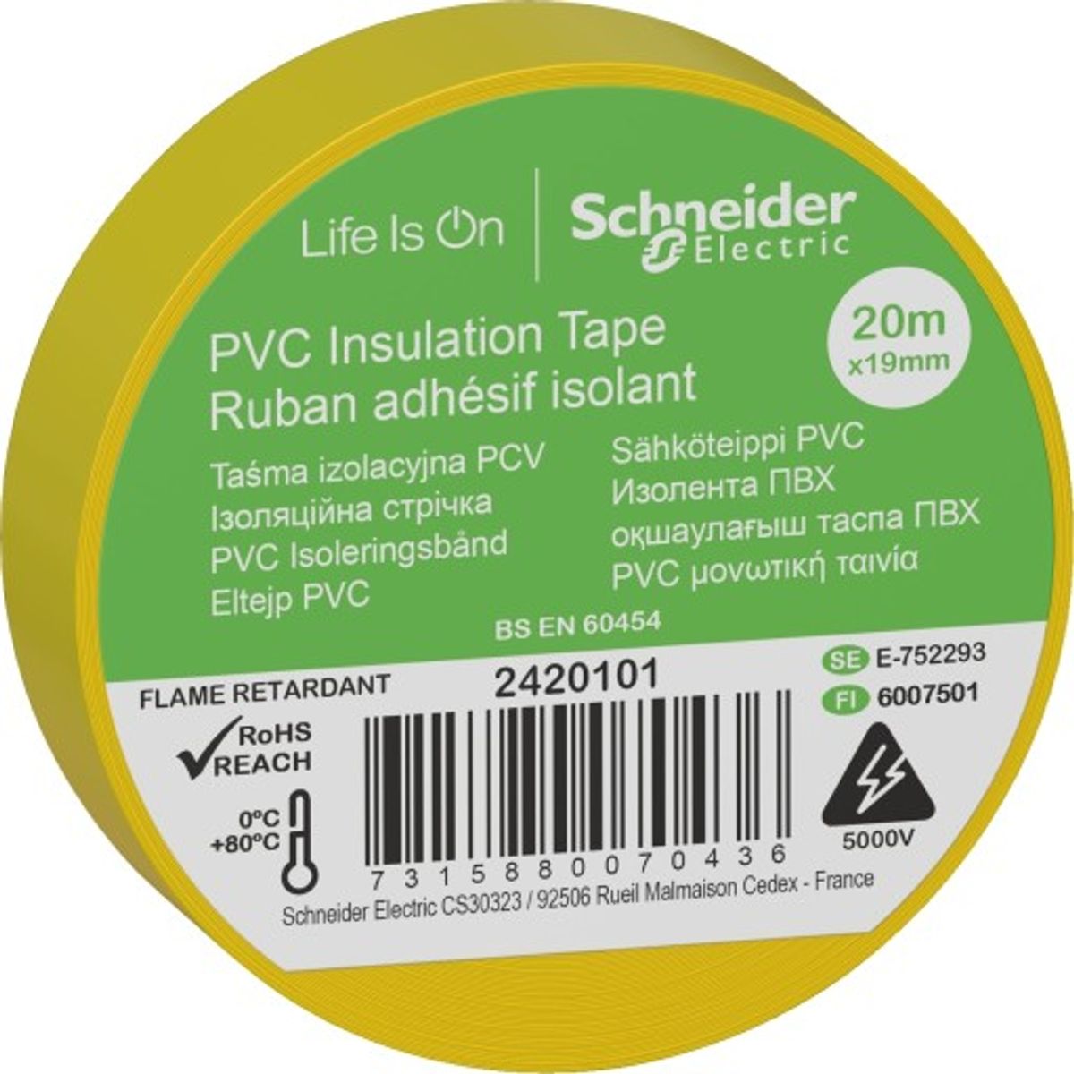 8 stk Schneider PVC isoleringstape 19 mm x 20 m i gul