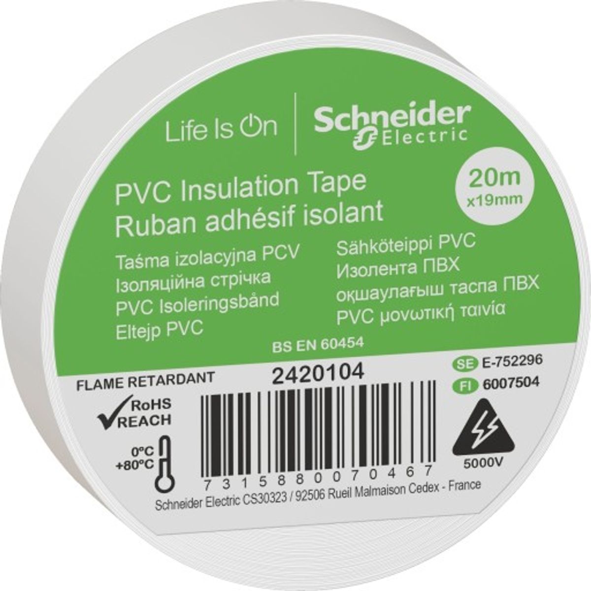 8 stk Schneider PVC isoleringstape 19 mm x 20 m i hvid