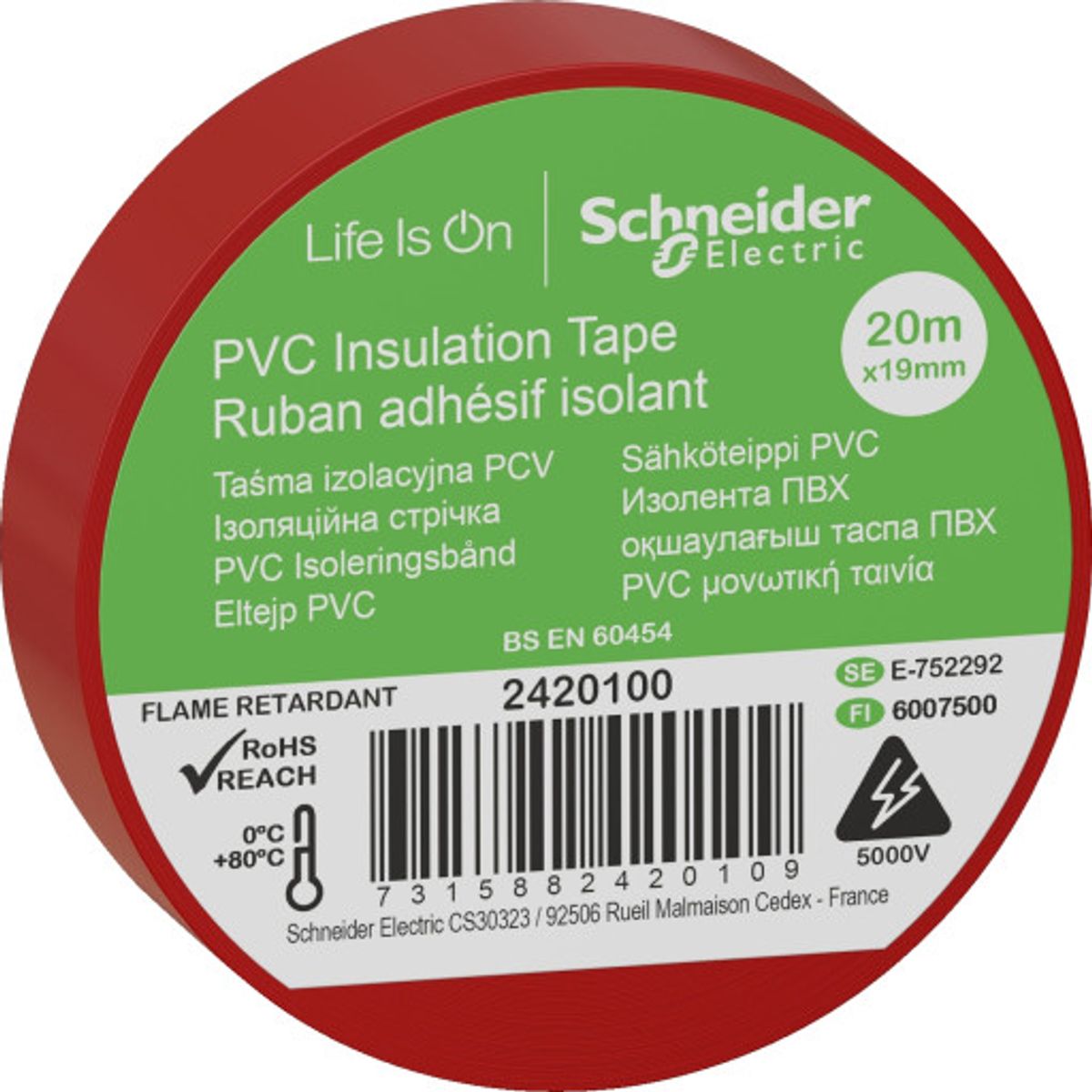 8 stk Schneider PVC isoleringstape 19 mm x 20 m i rød